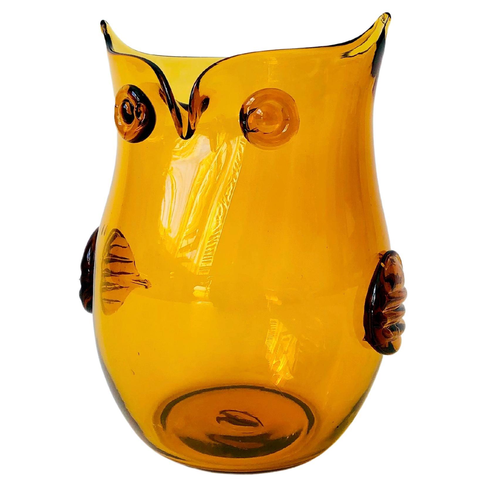 Mid-Century Blenko Amber Glass Owl Vase