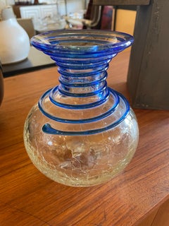 Mid Century Blenko Blown American Art Glass Applied Swirl Crackle Vase #8318