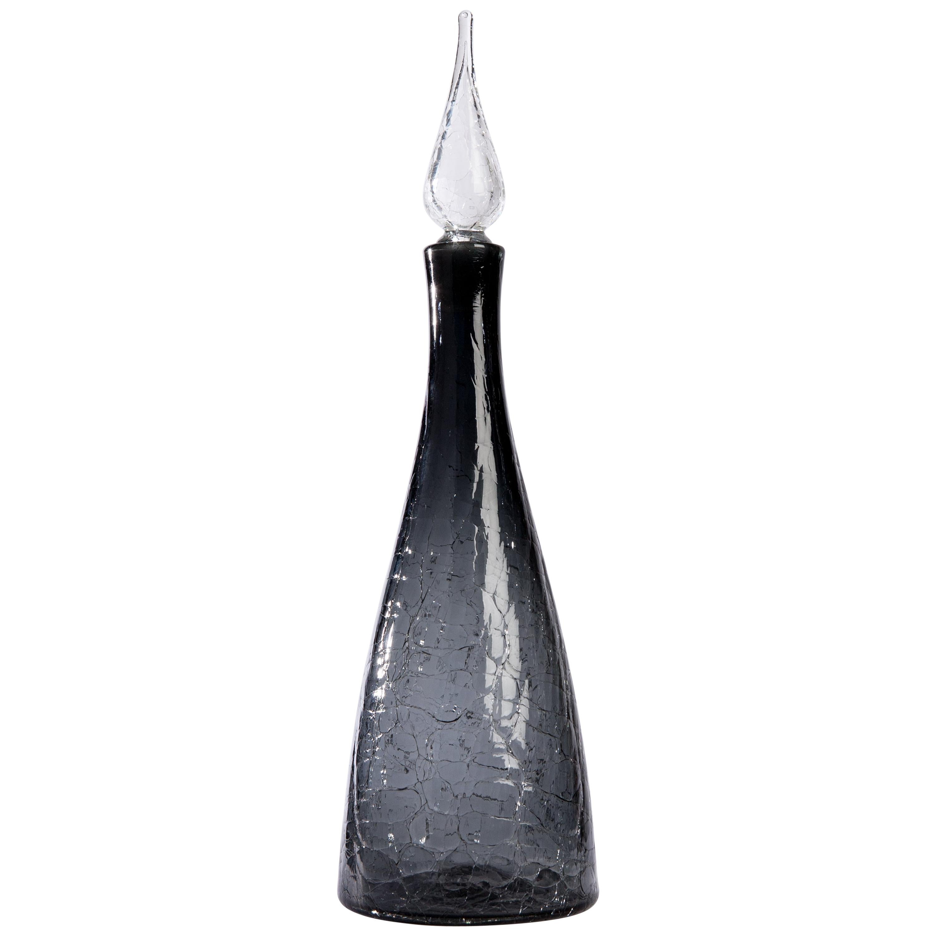 Midcentury Blenko Charcoal Grey Crackle Glass Decanter with Stopper, Circa 1950 For Sale