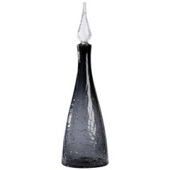 Vintage Midcentury Blenko Charcoal Grey Crackle Glass Decanter with Stopper, Circa 1950
