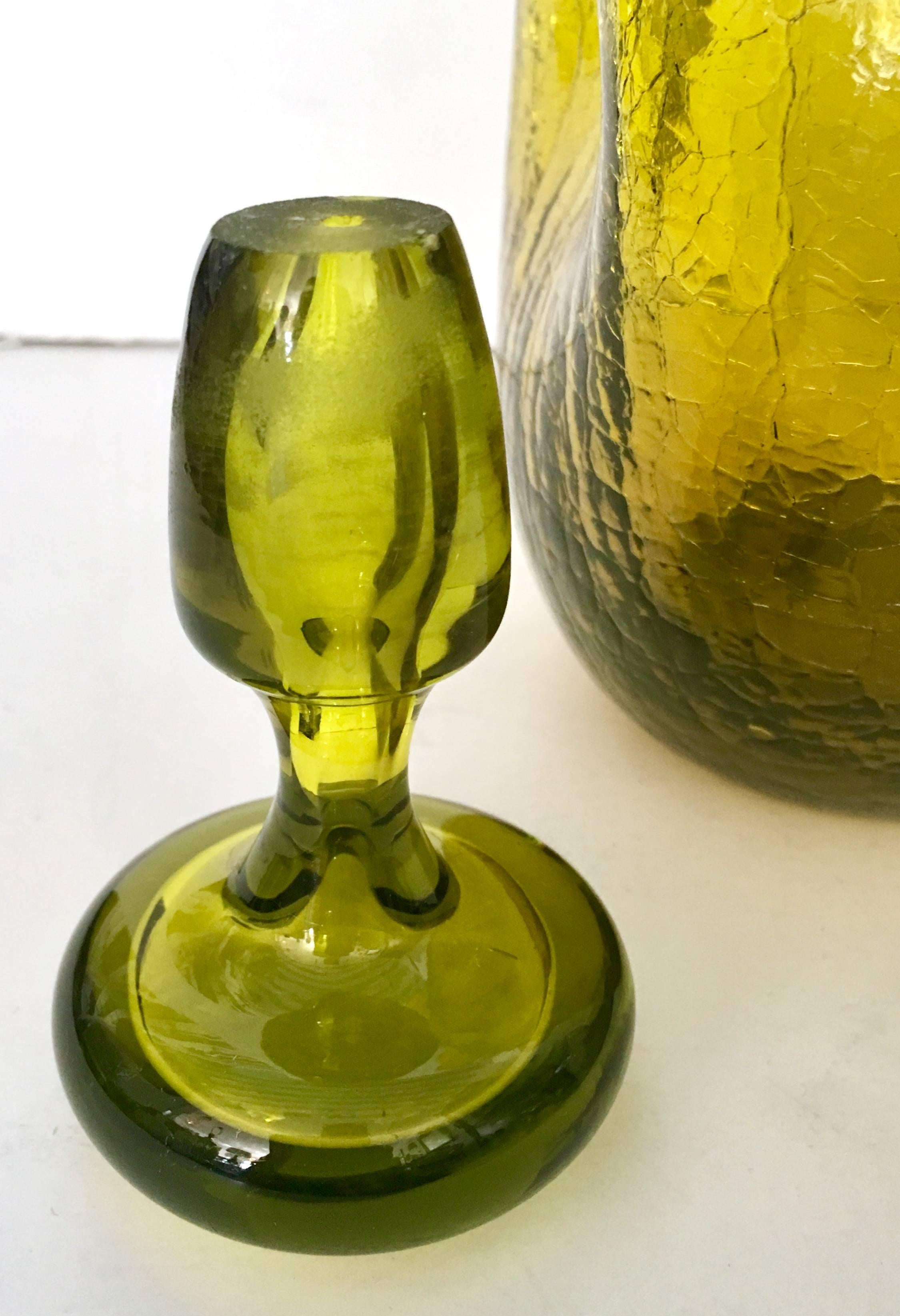 20th Century Mid-Century Blenko Glass Green Pinched Crackle Glass Decanter