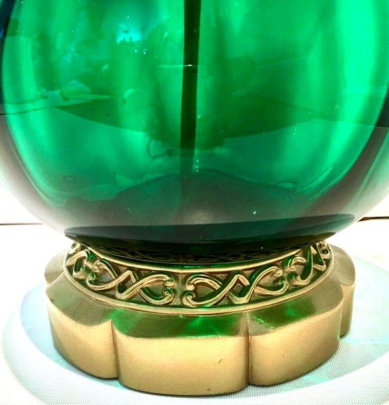 Mid-Century Blenko Glass Optic Emerald Green & Brass Lamp In Good Condition For Sale In West Palm Beach, FL