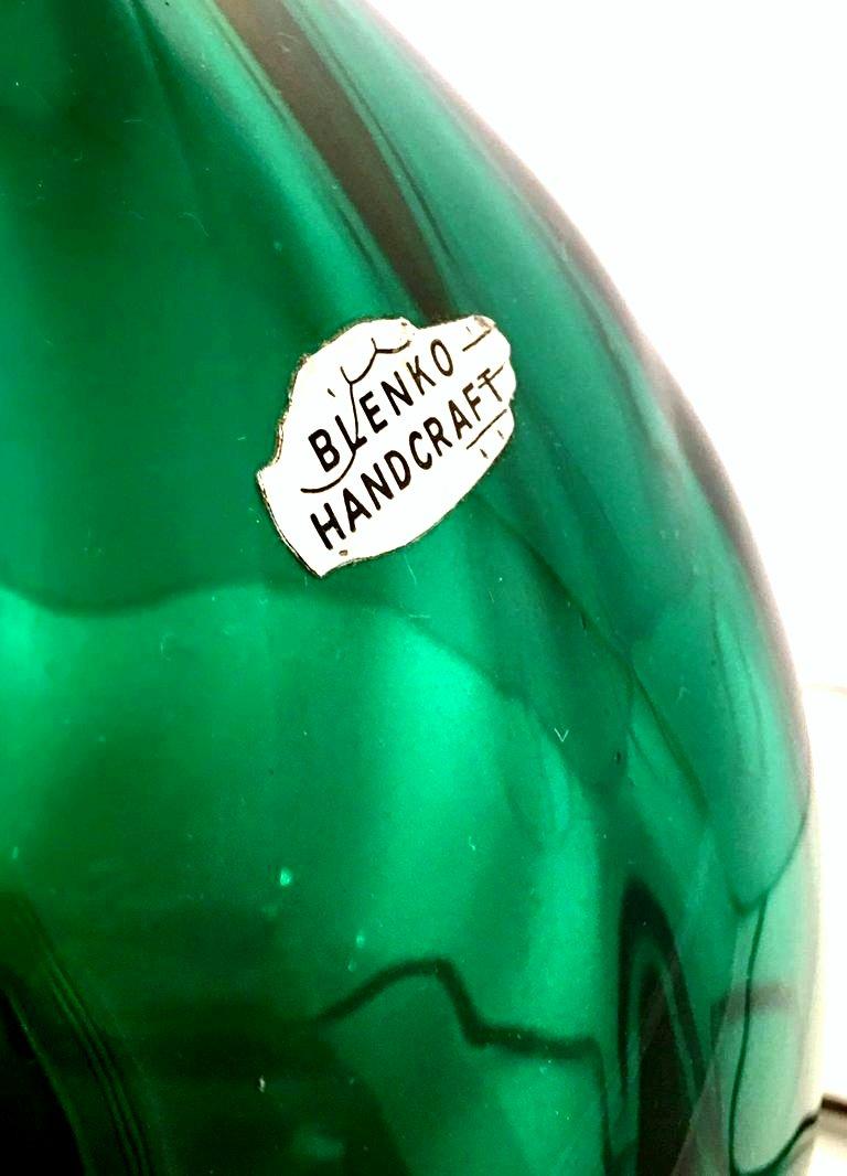 20th Century Mid-Century Blenko Glass Optic Emerald Green & Brass Lamp For Sale