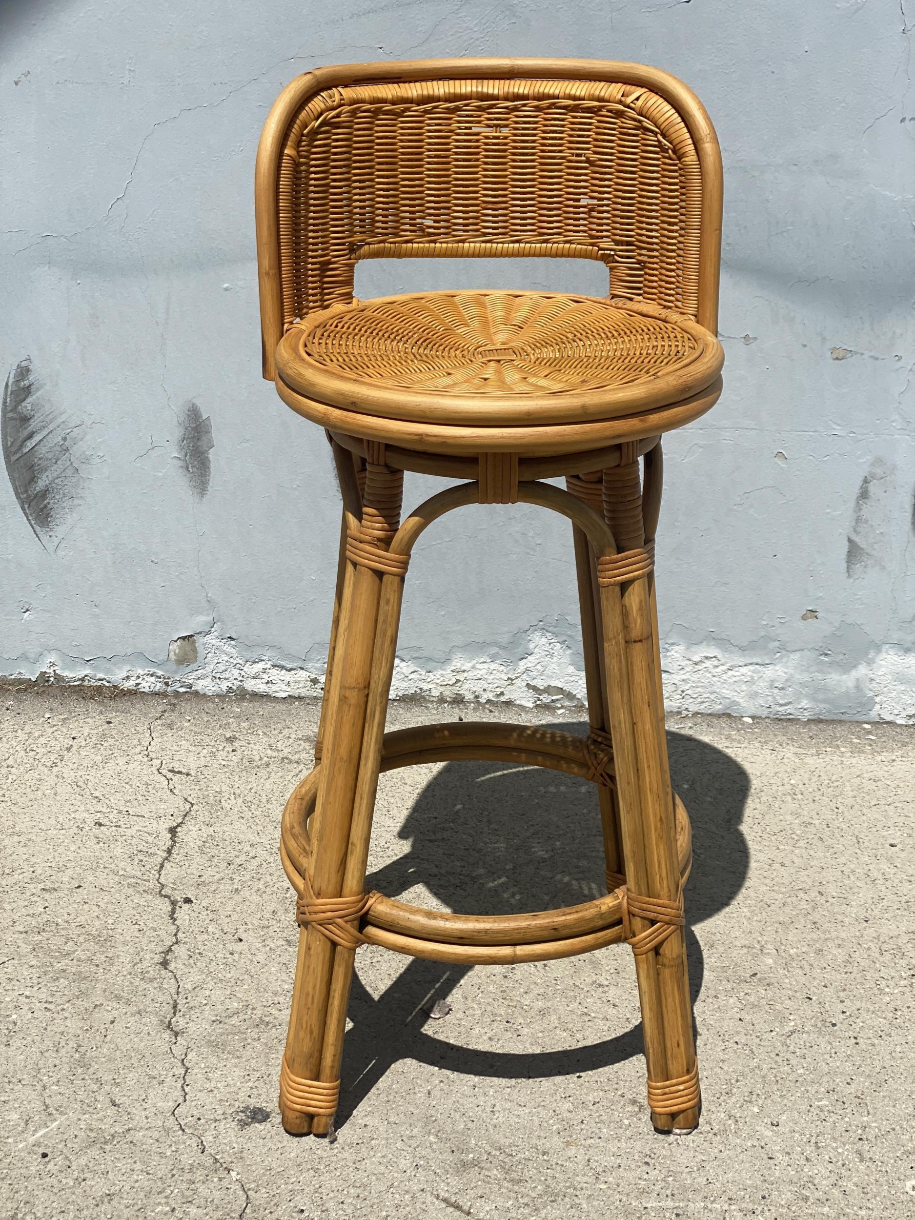Mid-Century Modern Mid Century Blond Bar Stool Set of Three with Woven Wicker Seats