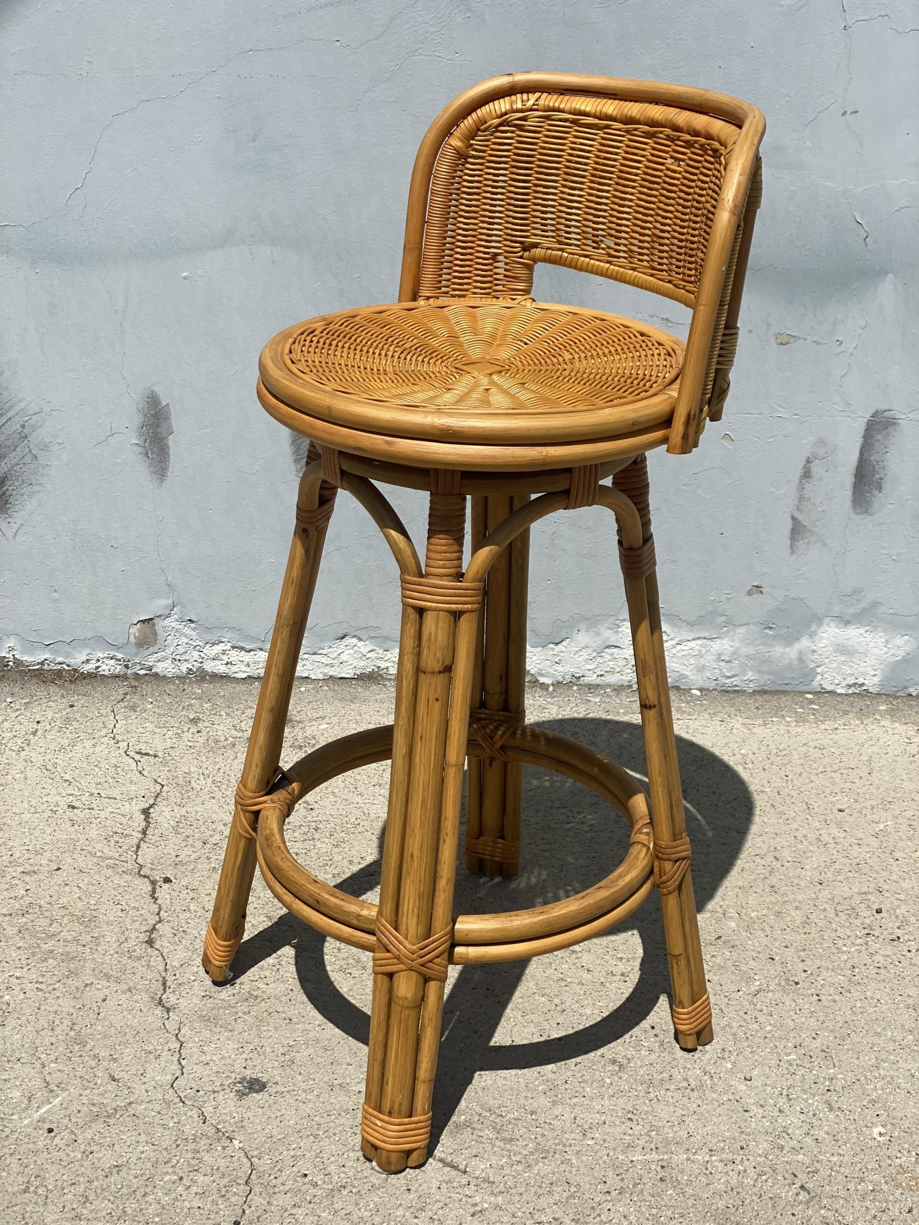 American Mid Century Blond Bar Stool Set of Three with Woven Wicker Seats
