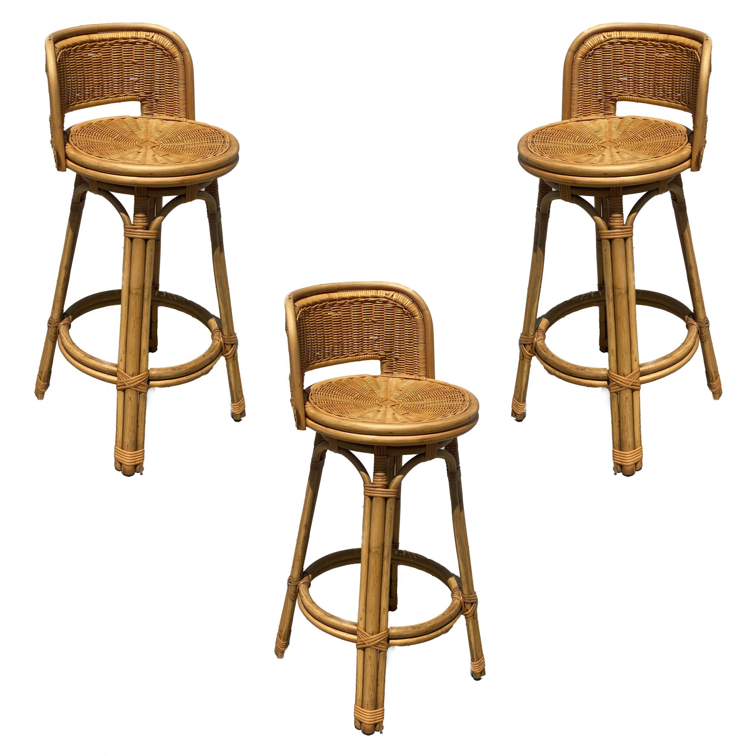 Mid Century Blond Bar Stool Set of Three with Woven Wicker Seats 1