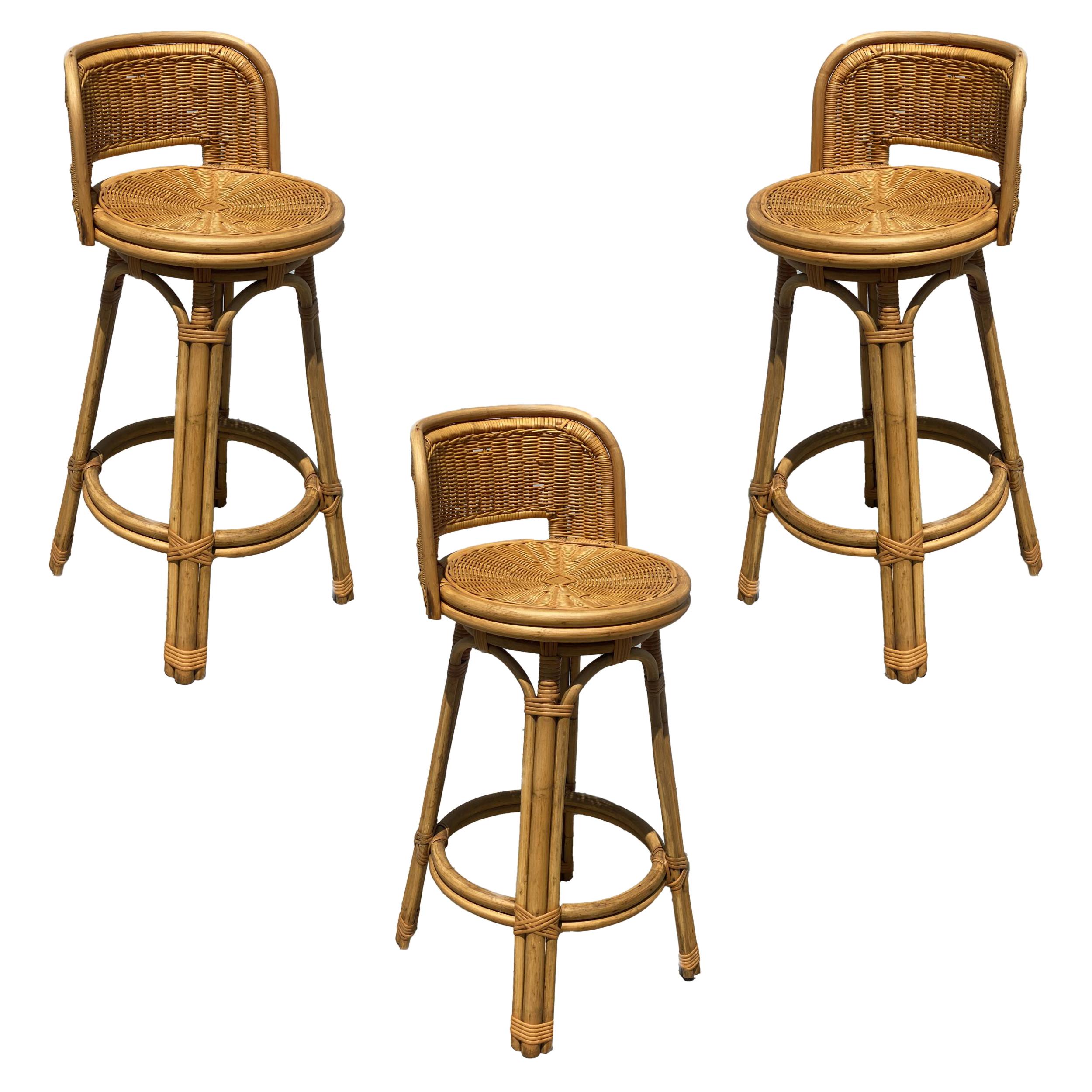 Mid Century Blond Bar Stool Set of Three with Woven Wicker Seats