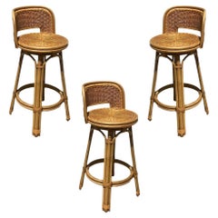 Mid Century Blond Bar Stool Set of Three with Woven Wicker Seats