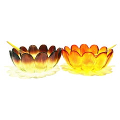 Midcentury Blown Glass Salad Serving Bowl and Lucite Salad Tosser's Set of 4