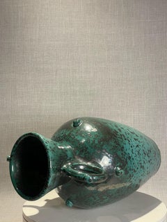 Mid-Century Blue and Black Speckled Glazed Terracotta Urn + Double Ring Handles