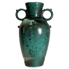 Mid-Century Blue and Black Speckled Glazed Terracotta Urn + Double Ring Handles