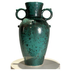 Mid-Century Blue and Black Speckled Glazed Terracotta Urn + Double Ring Handles Mid-Century Blue and Black Speckled Glazed Terracotta Urn + Double Ring Handles