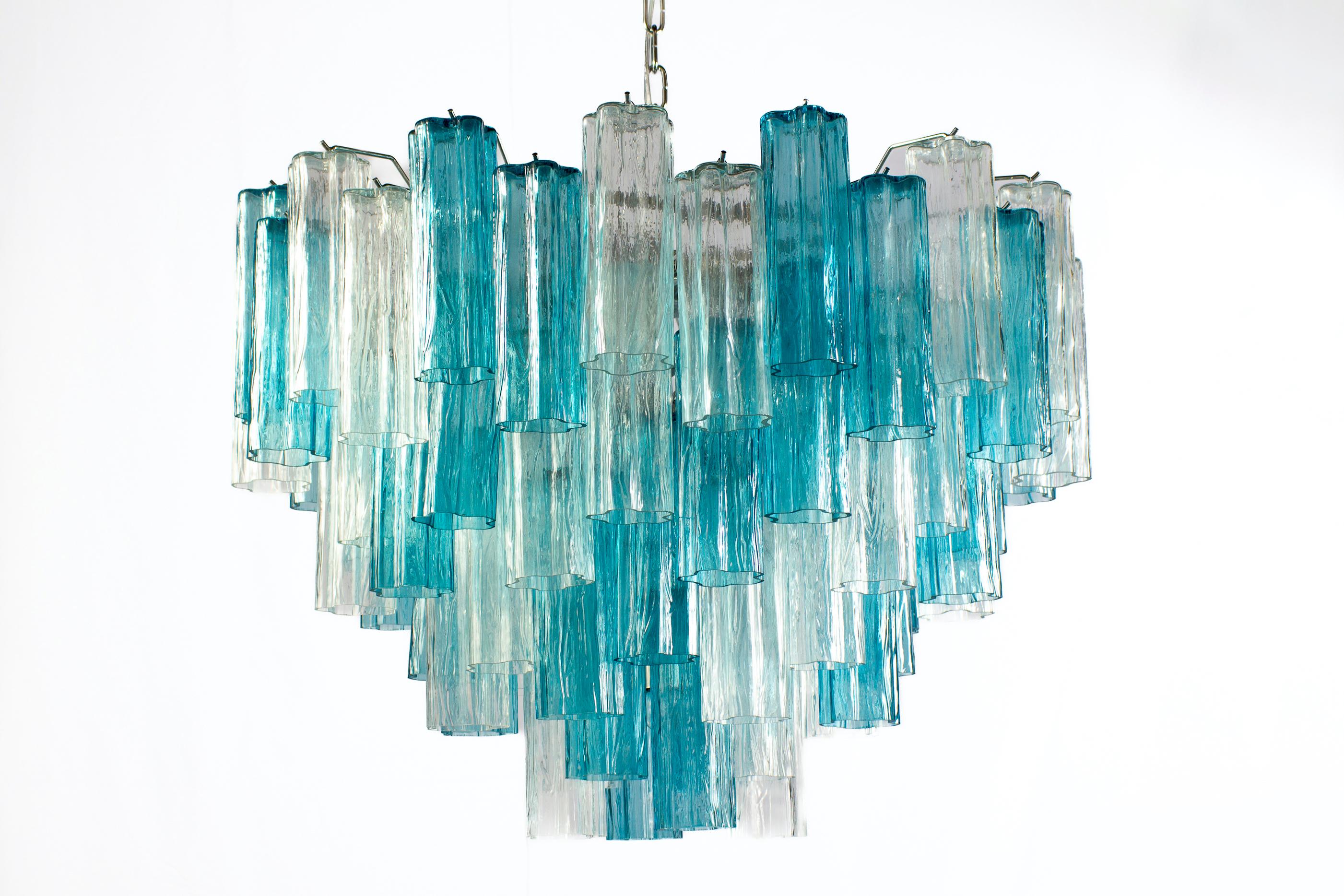 Italian Midcentury Blue and Clear Murano Glass Tronchi Chandelier For Sale
