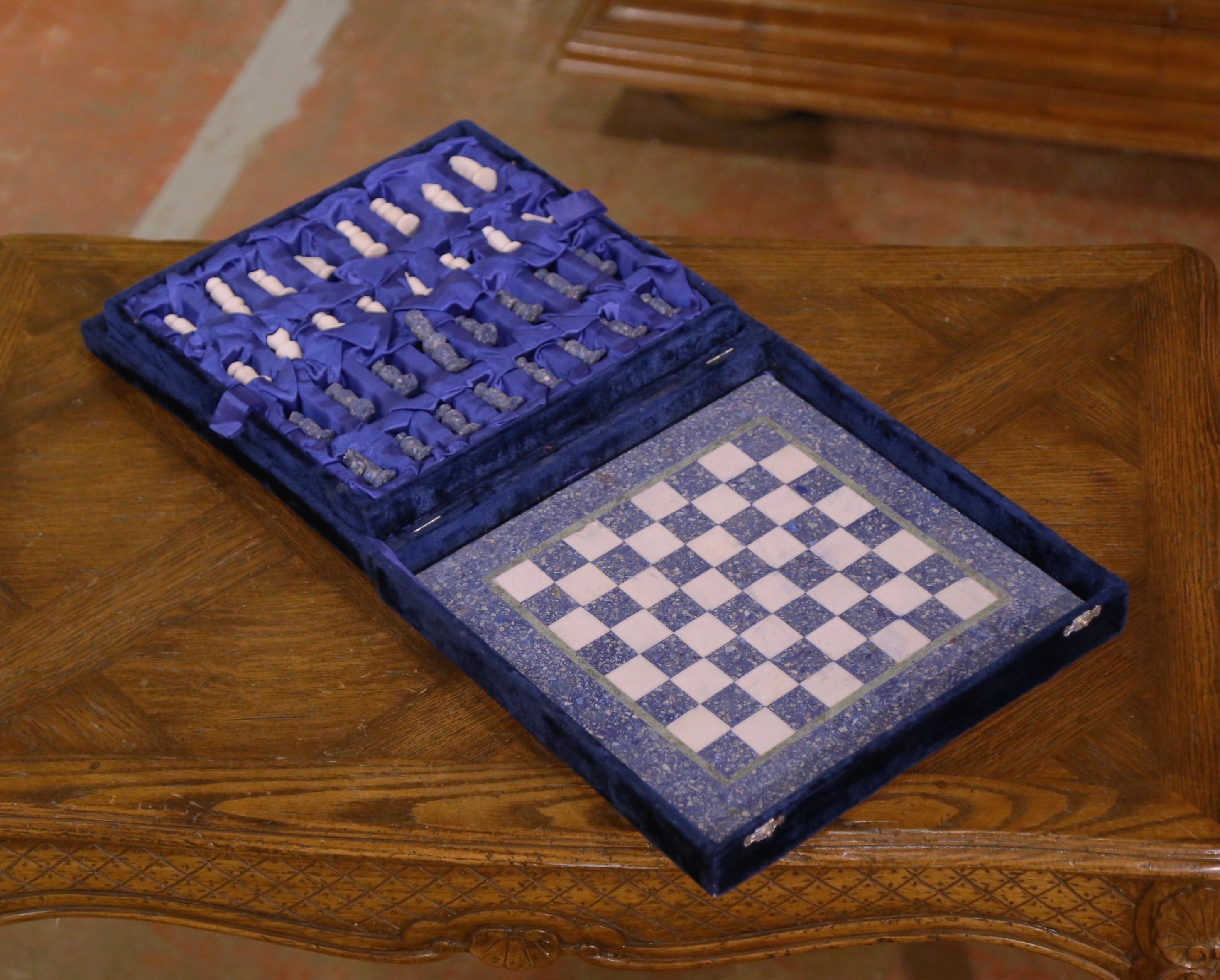Mid-Century-Schachspiel aus blauem und weißem Marmor mit Karton im Zustand „Hervorragend“ im Angebot in Dallas, TX