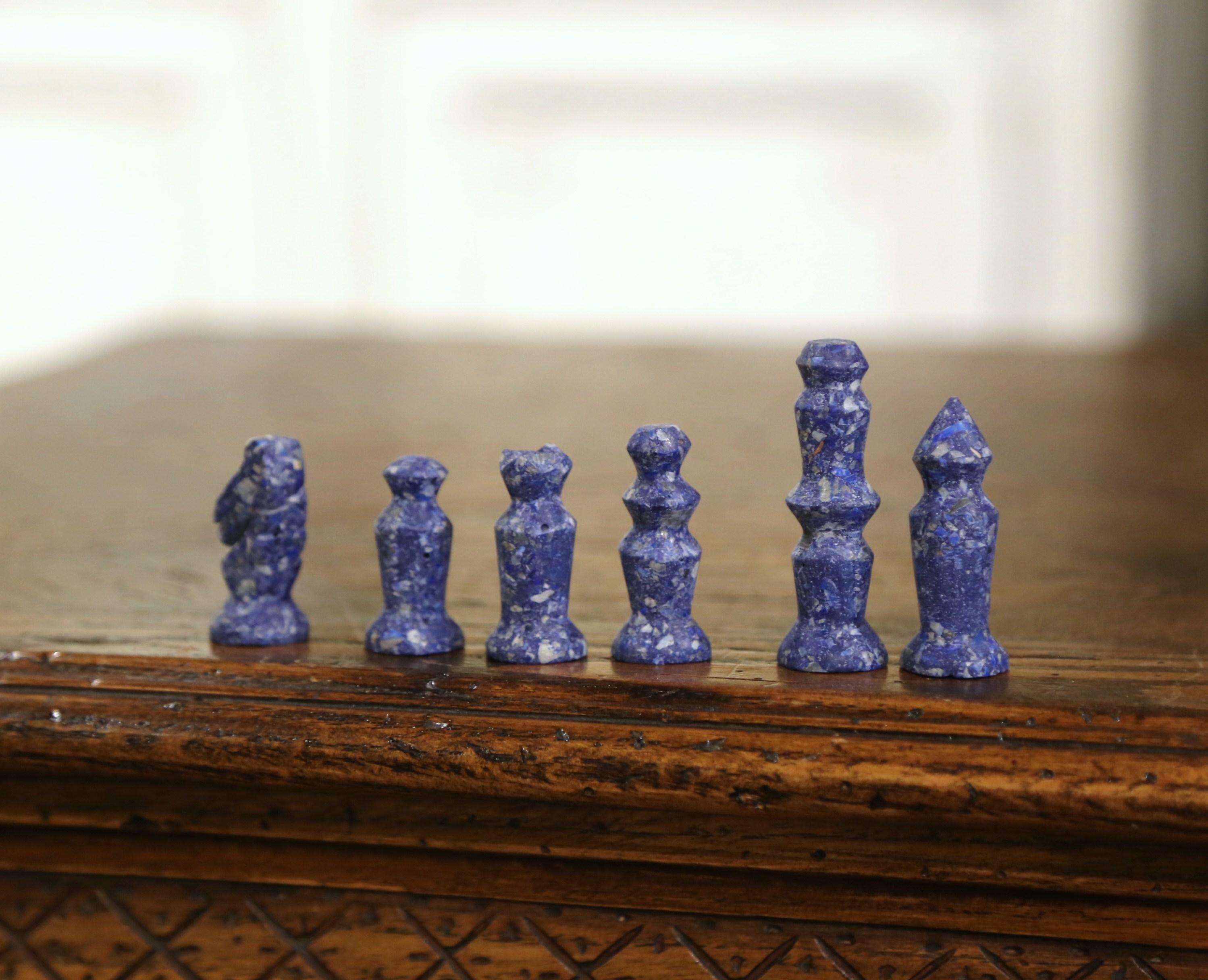 Hand-Crafted Mid-Century Blue and White Marble Chess Set Game with Board For Sale