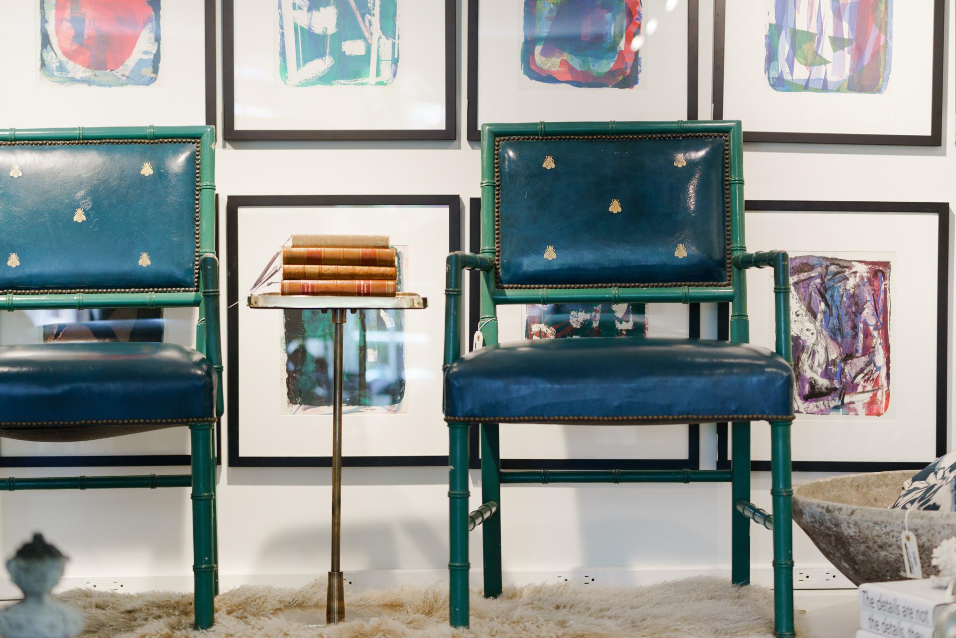 20th Century Midcentury Blue Armchairs with 18 Karat Painted Gold Bees