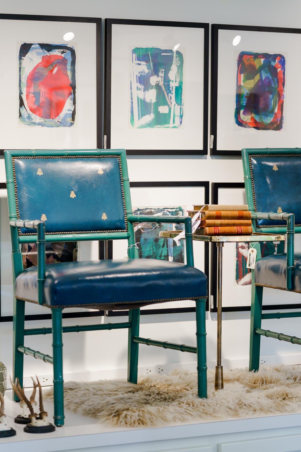 Leather Midcentury Blue Armchairs with 18 Karat Painted Gold Bees