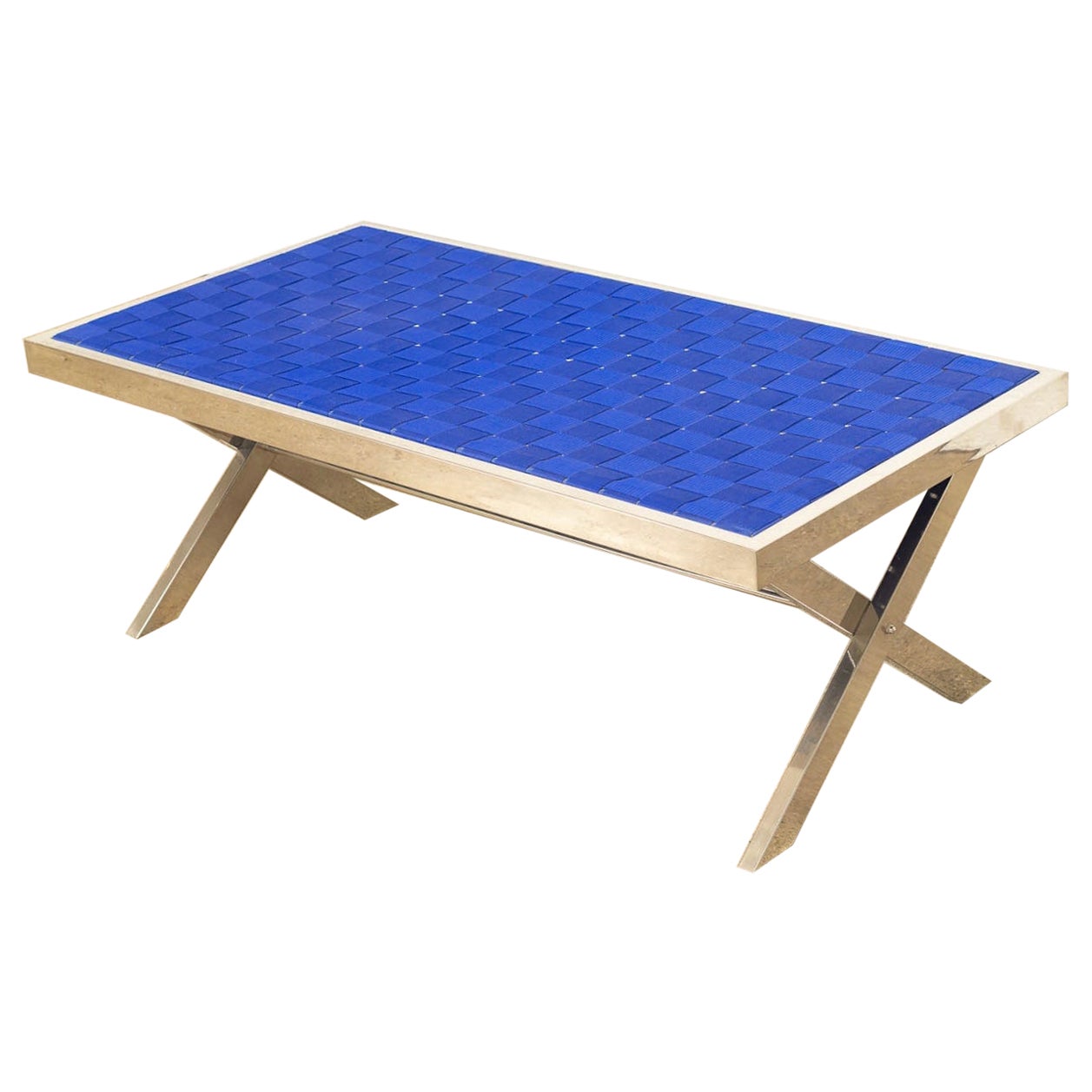 Mid Century Blue Bench with Chrome Frame, 1980s