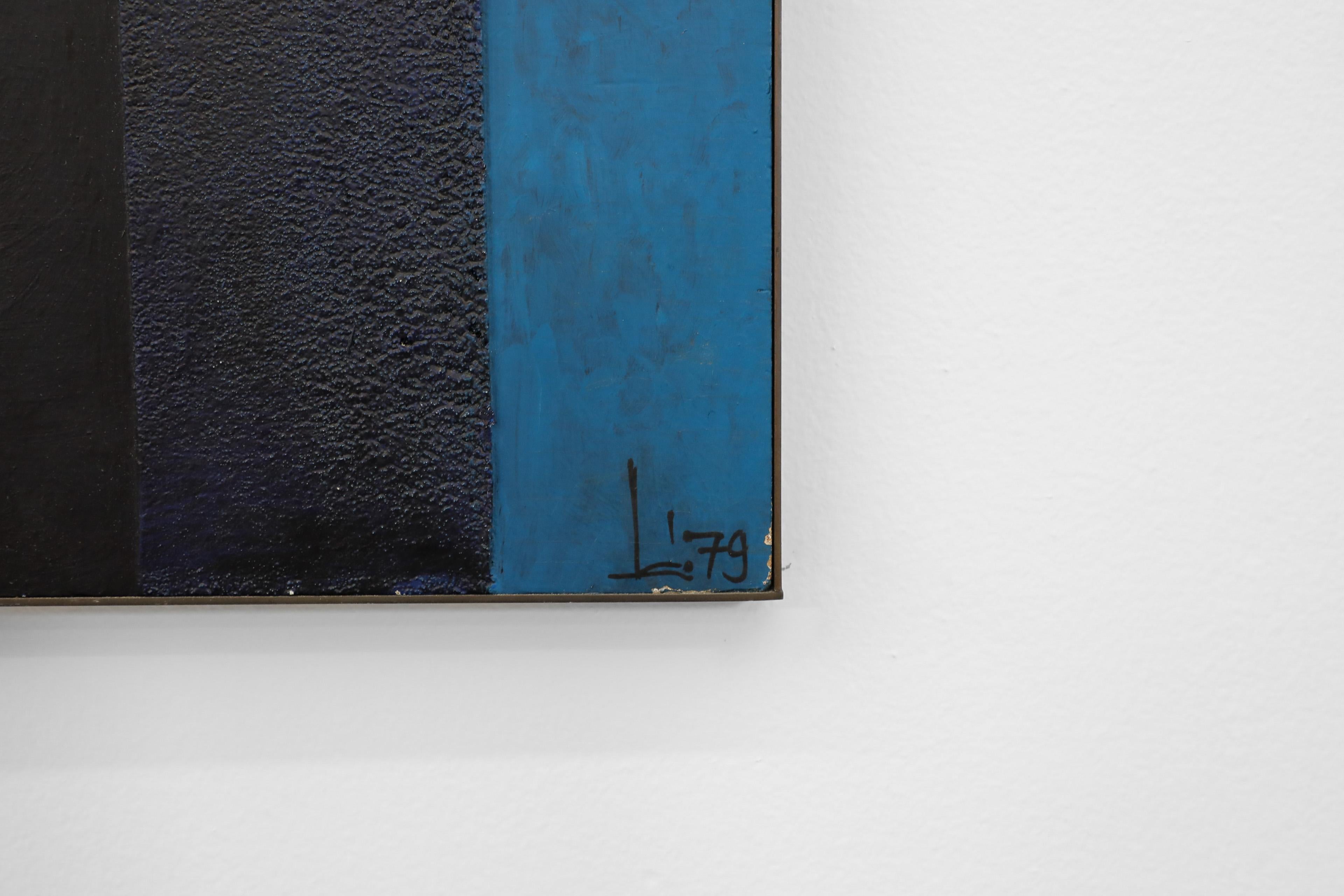 Blaues und messingfarbenes Gemälde in Mischtechnik aus der Mitte des Jahrhunderts, signiert Lou Tiew, 1979 Niederlande im Angebot 3