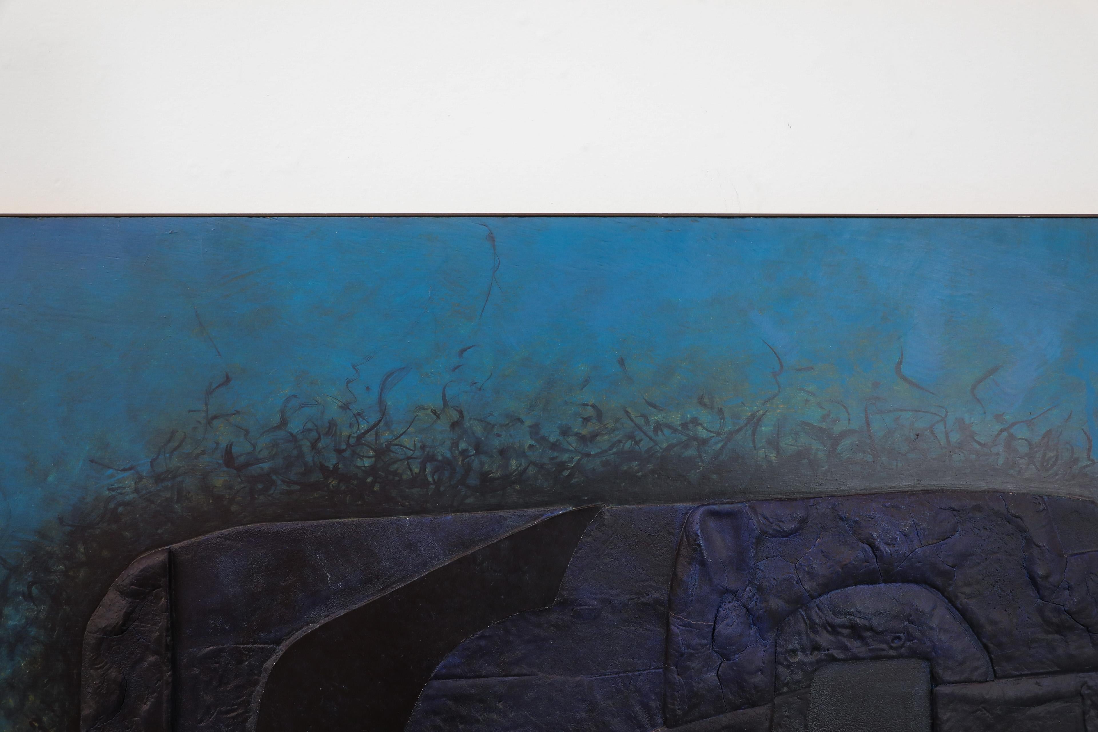 Mid-Century Blue & Brass Mixed Media Painting, Signed Lou Tiew, 1979 Netherlands For Sale 6