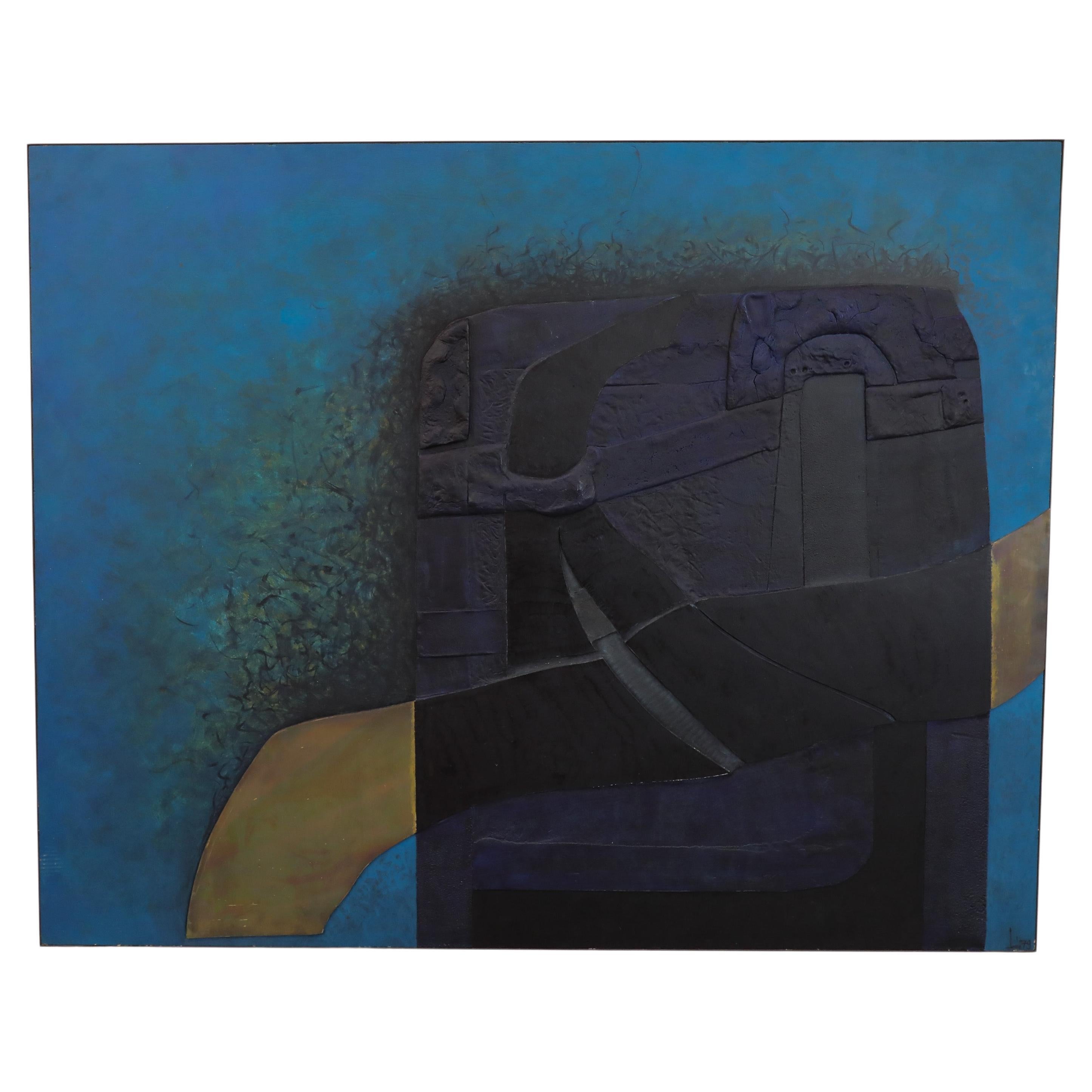 Mid-Century Blue & Brass Mixed Media Painting, Signed Lou Tiew, 1979 Netherlands For Sale