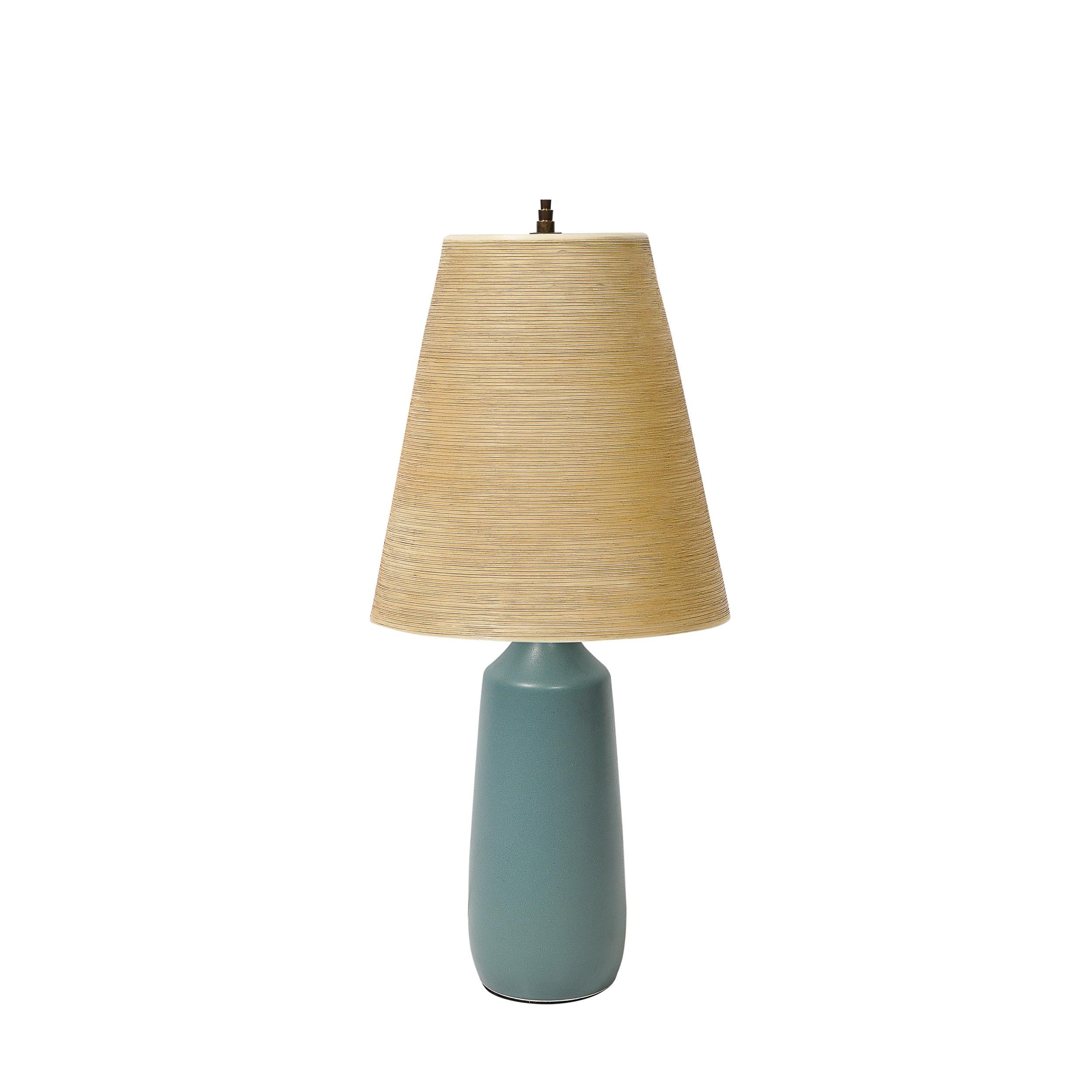 Mid-Century Modern Mid-Century Blue Ceramic & Fiber Shaded Table Lamps by Lotte & Gunnar Bostlund For Sale