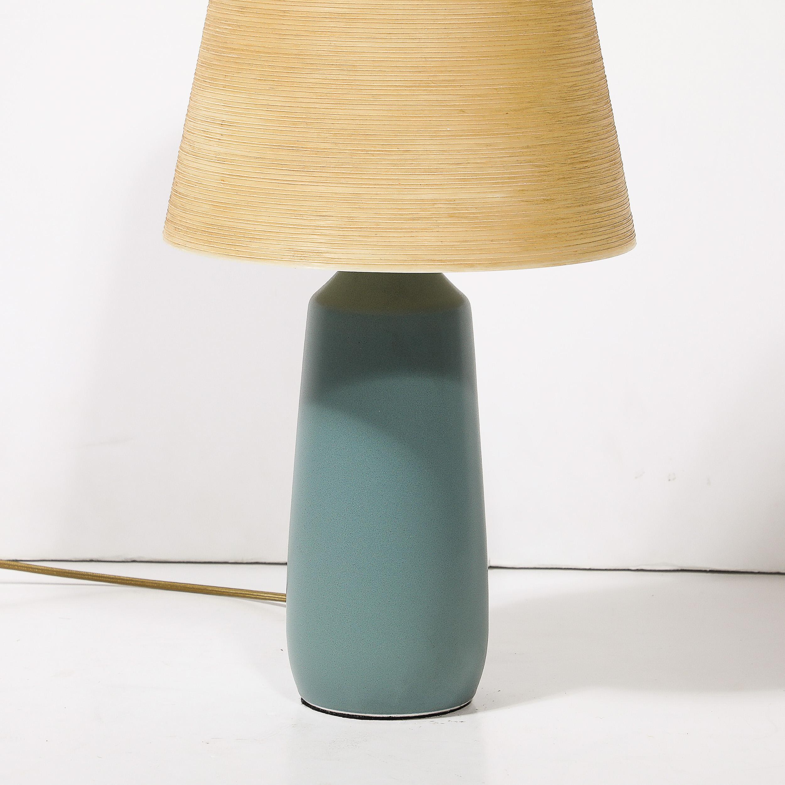 Canadian Mid-Century Blue Ceramic & Fiber Shaded Table Lamps by Lotte & Gunnar Bostlund For Sale
