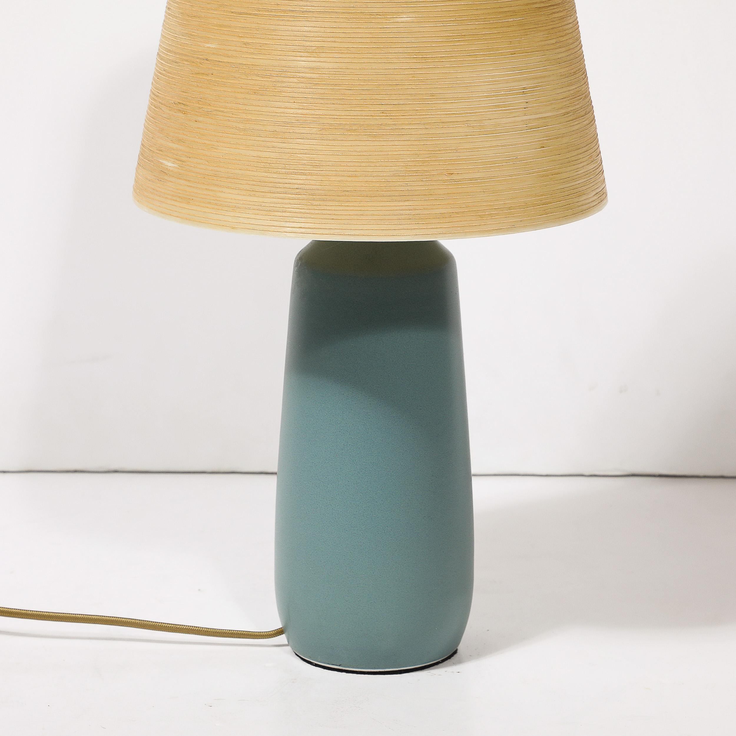Mid-Century Blue Ceramic & Fiber Shaded Table Lamps by Lotte & Gunnar Bostlund In Excellent Condition For Sale In New York, NY