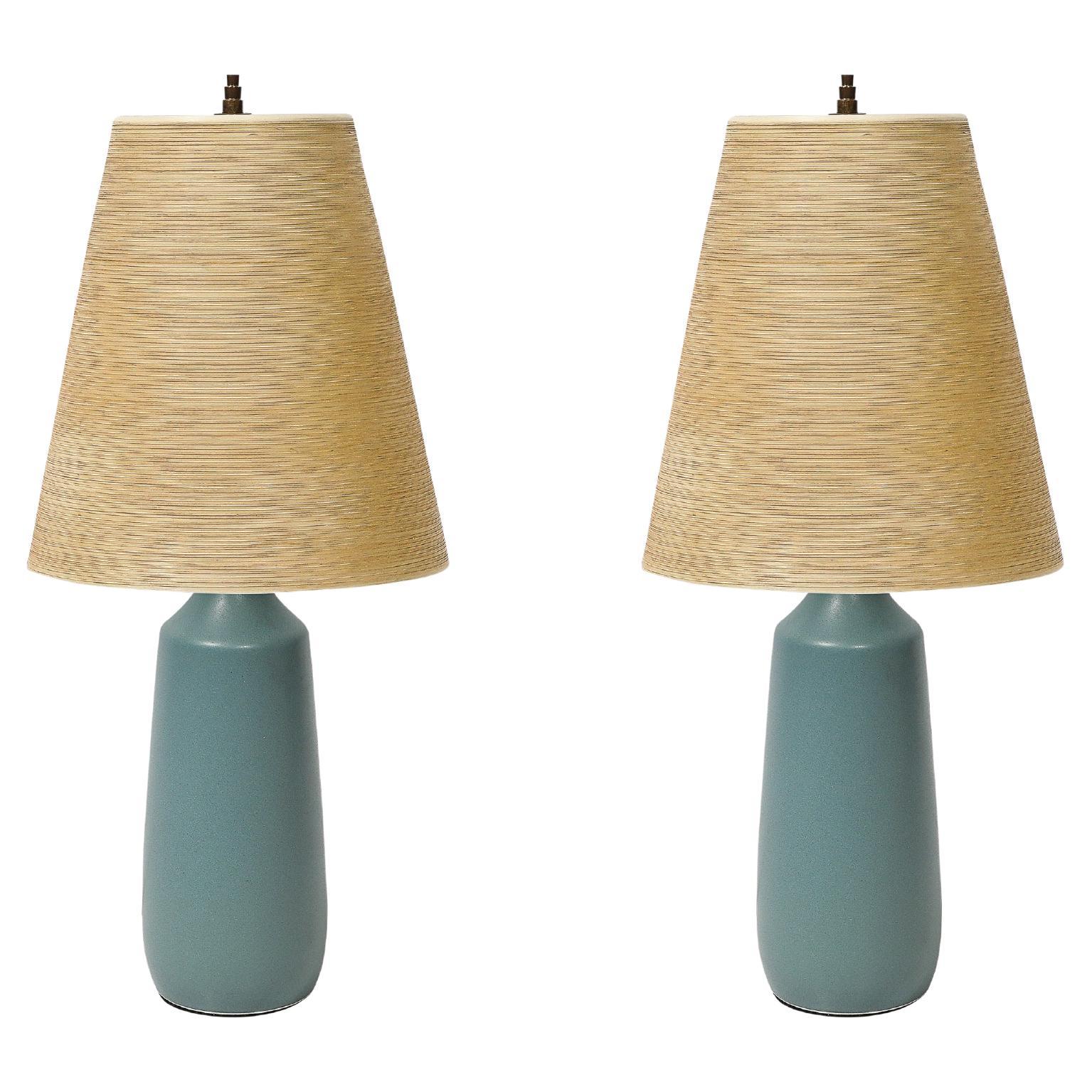 Mid-Century Blue Ceramic & Fiber Shaded Table Lamps by Lotte & Gunnar Bostlund For Sale