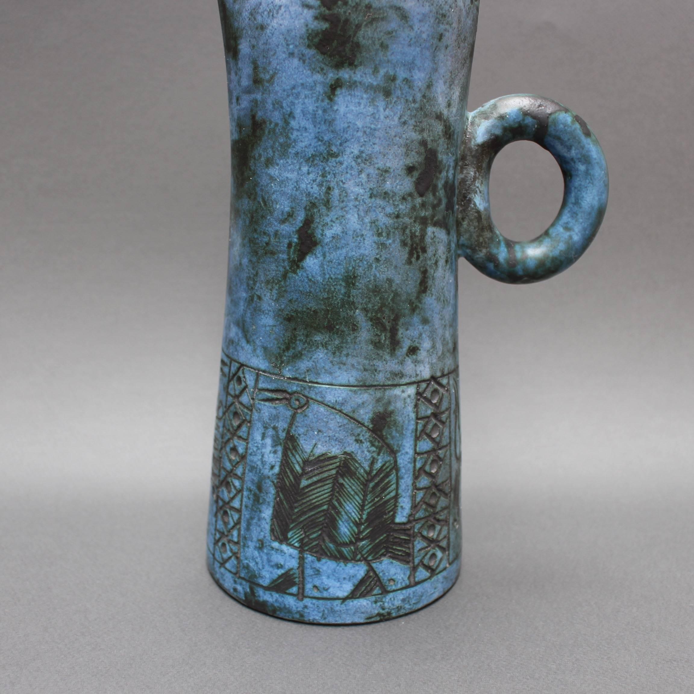 Mid-century Blue Ceramic Pitcher by Jacques Blin, Vallauris, France circa 1950s 4