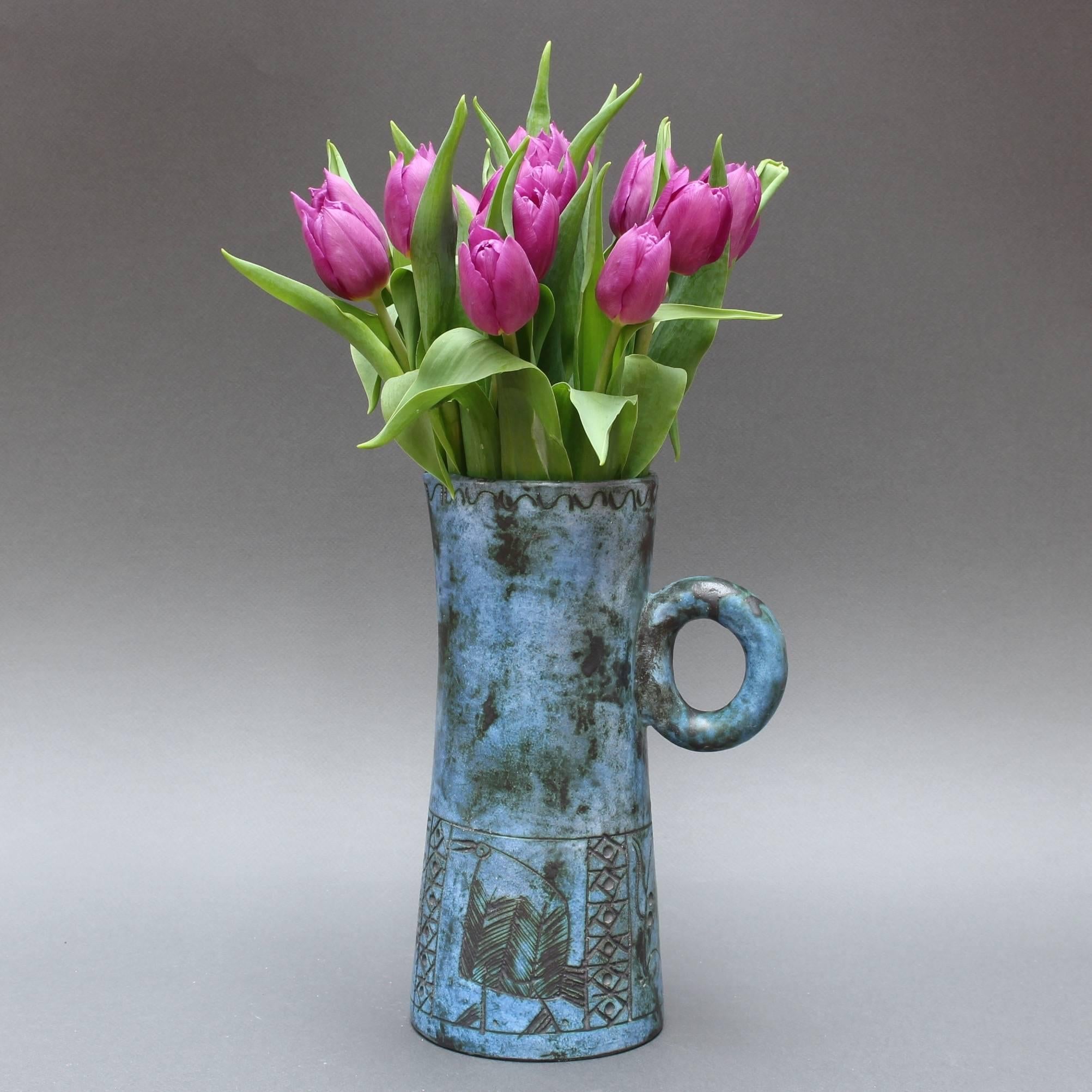 French Mid-century Blue Ceramic Pitcher by Jacques Blin, Vallauris, France circa 1950s