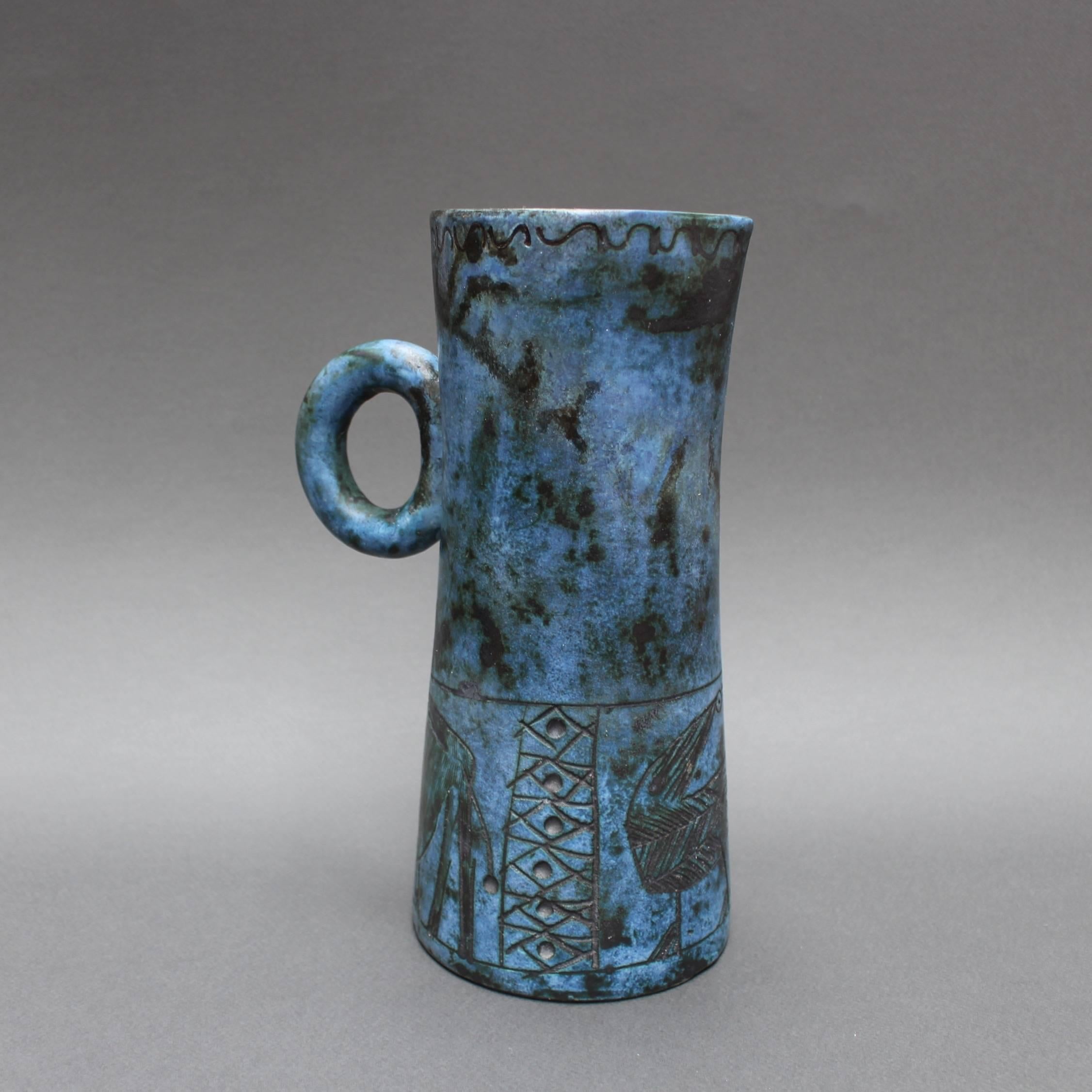 Mid-20th Century Mid-century Blue Ceramic Pitcher by Jacques Blin, Vallauris, France circa 1950s