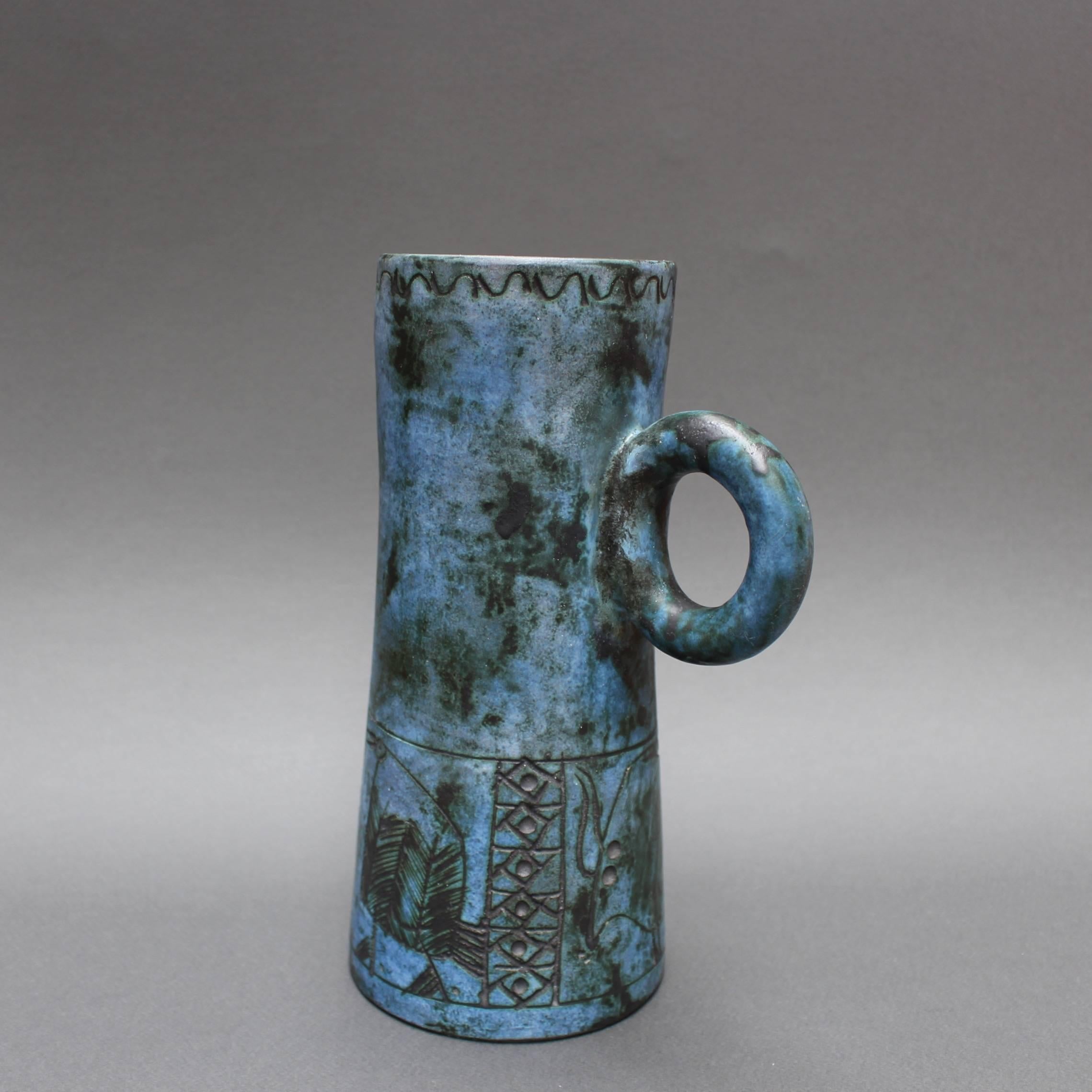 Mid-century Blue Ceramic Pitcher by Jacques Blin, Vallauris, France circa 1950s 3