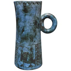 Vintage Mid-century Blue Ceramic Pitcher by Jacques Blin, Vallauris, France circa 1950s