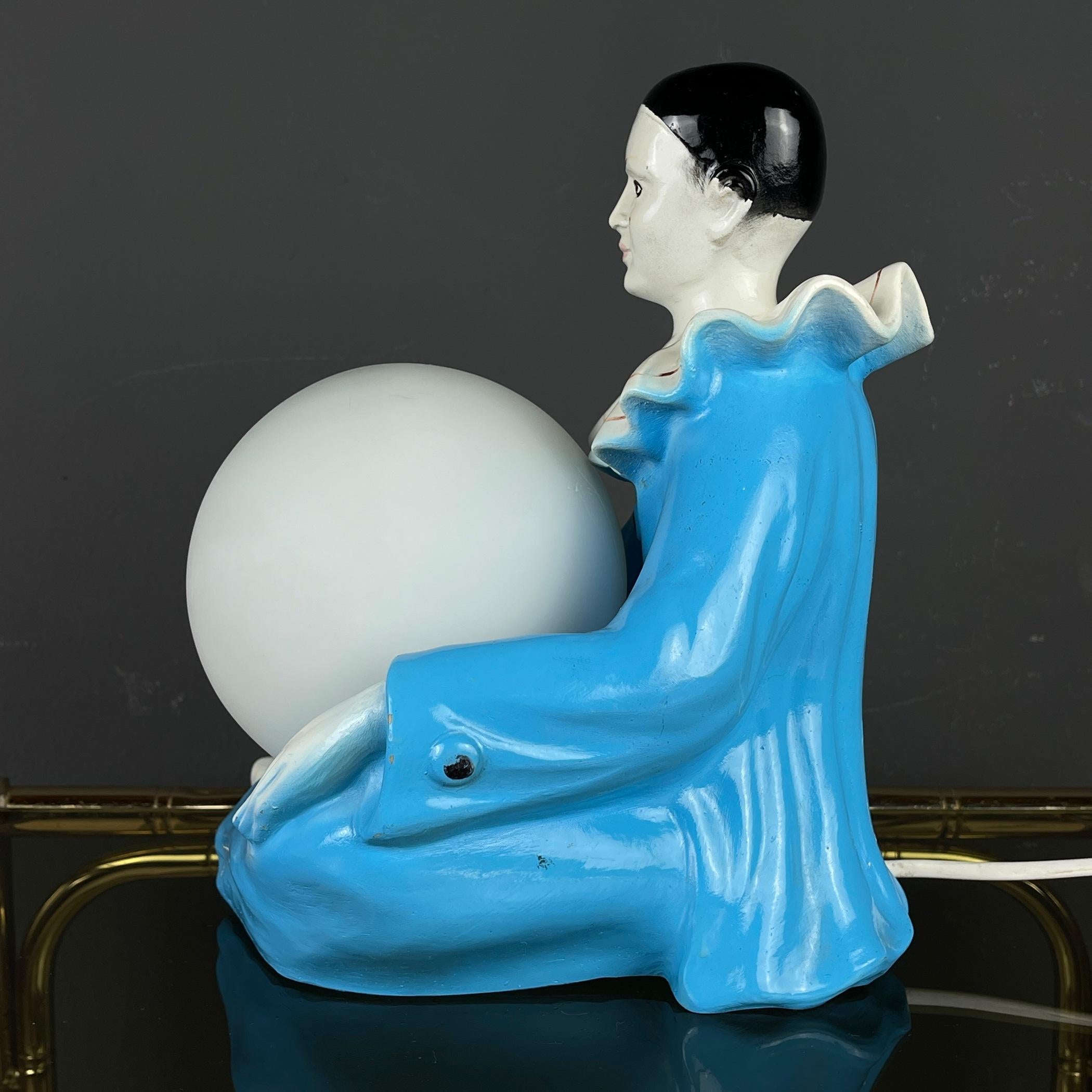 Mid-century blue ceramic table lamp Pierrot 1960s  For Sale 4