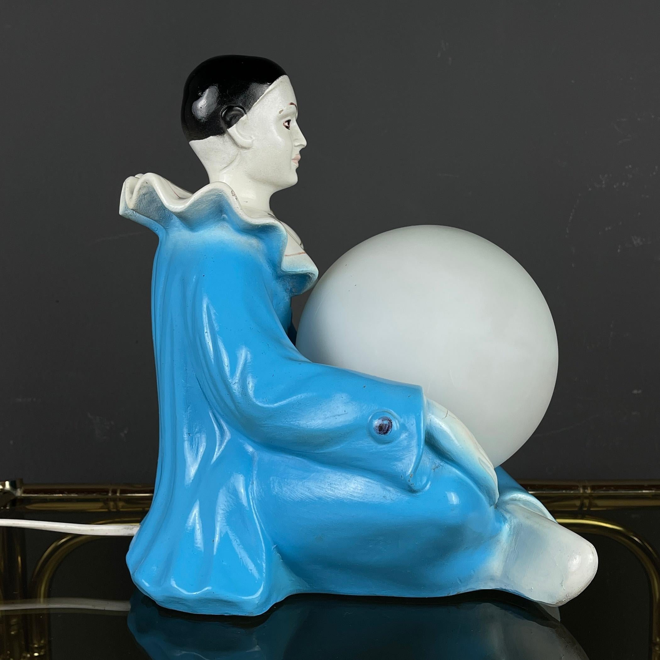 Mid-Century Modern Mid-century blue ceramic table lamp Pierrot 1960s  For Sale
