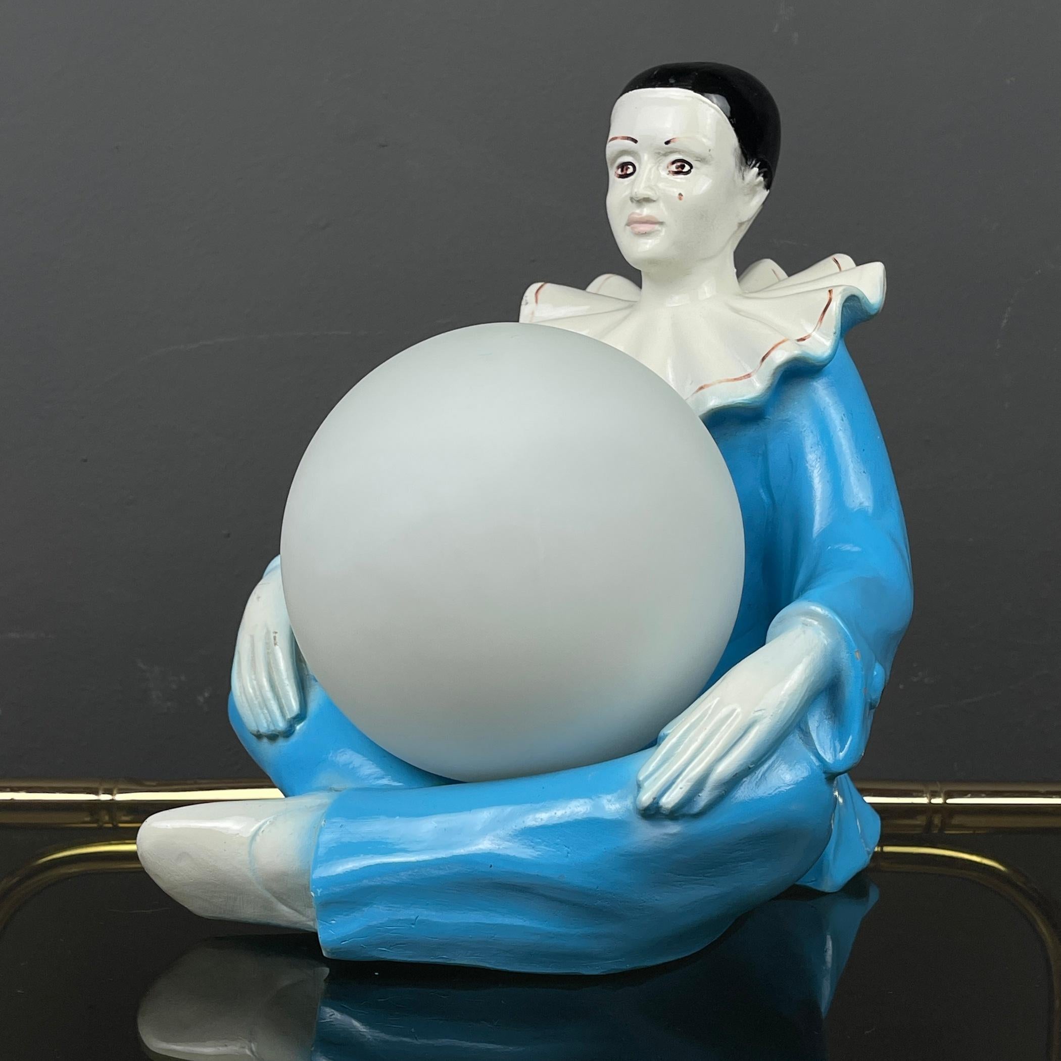 20th Century Mid-century blue ceramic table lamp Pierrot 1960s  For Sale
