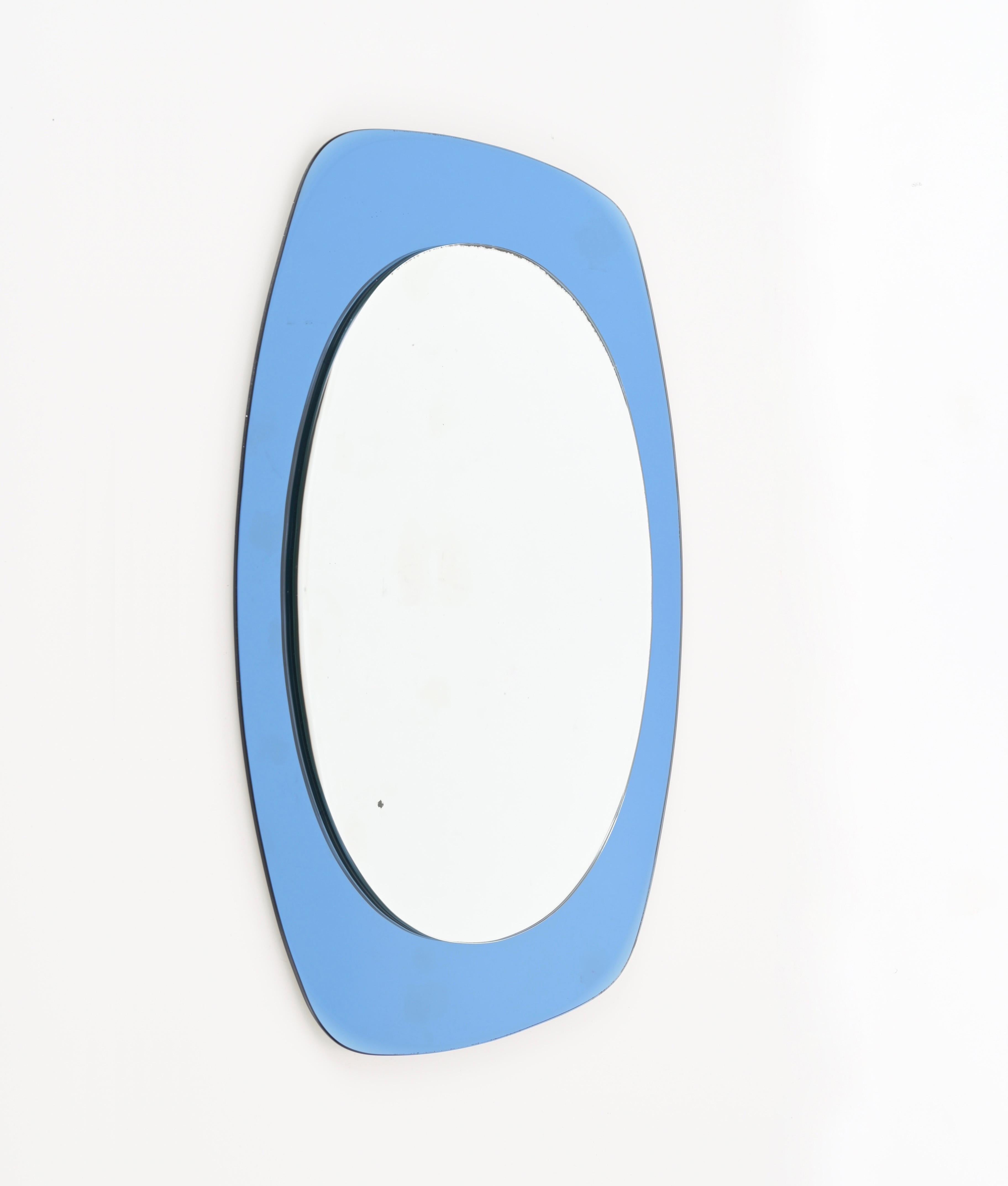 Mid-Century Blue Double Bevelled Mirror by Cristal Art, Italy 1960s In Good Condition For Sale In Roma, IT