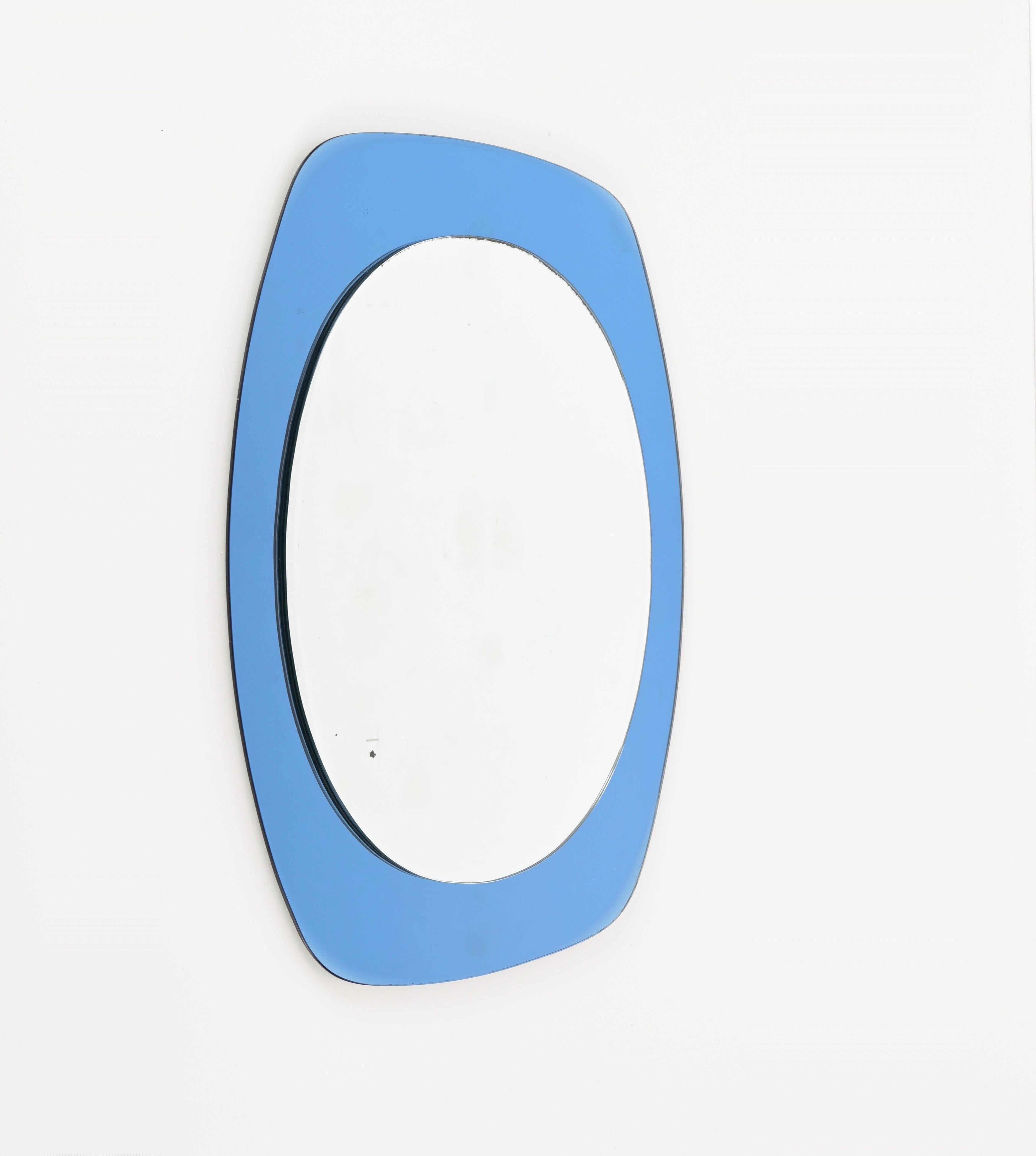 Mid-Century Blue Double Bevelled Mirror by Cristal Art, Italy 1960s For Sale 1