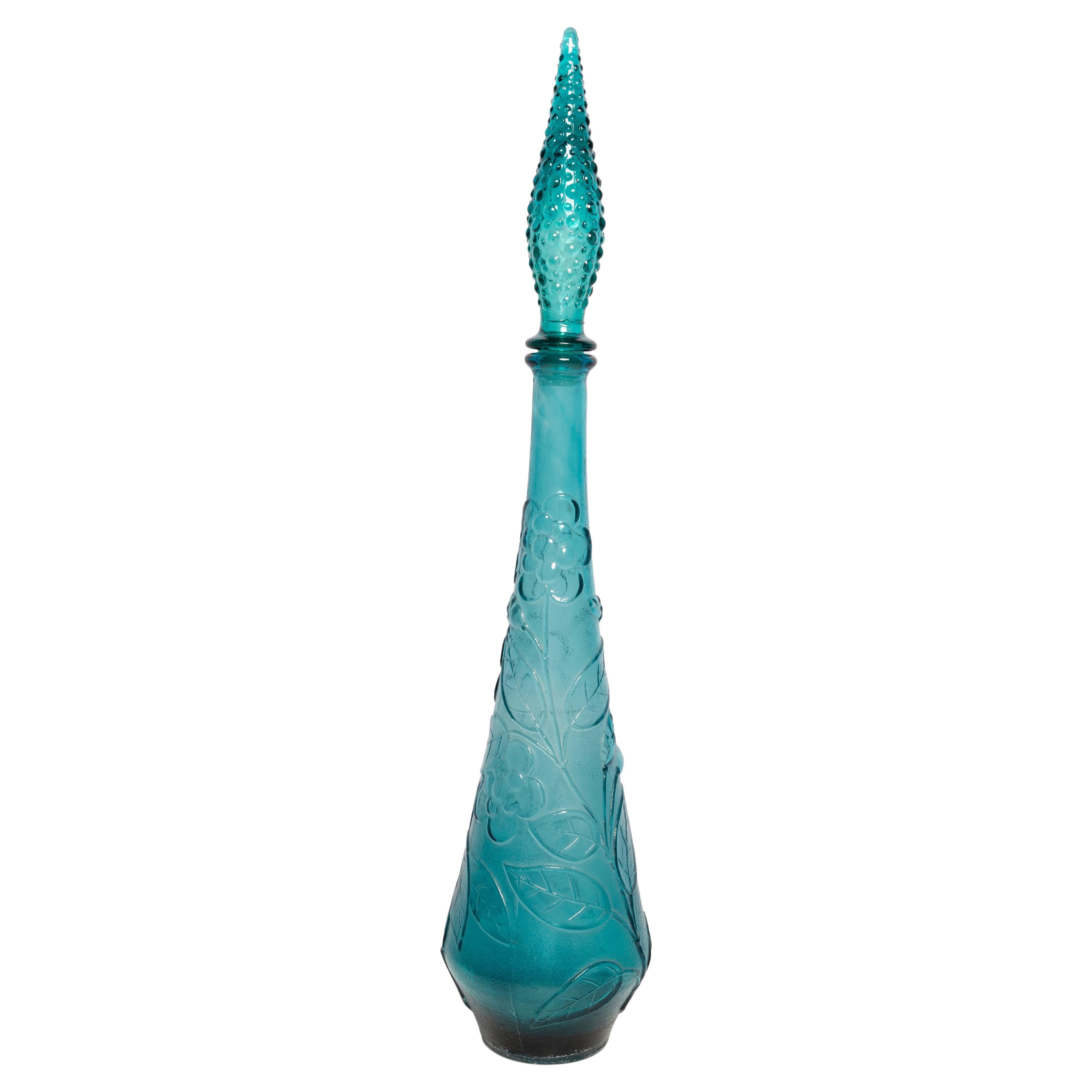 Mid-Century Blue Empoli Glass Decanter Flowers Bottle with Stopper, Italy, 1960s