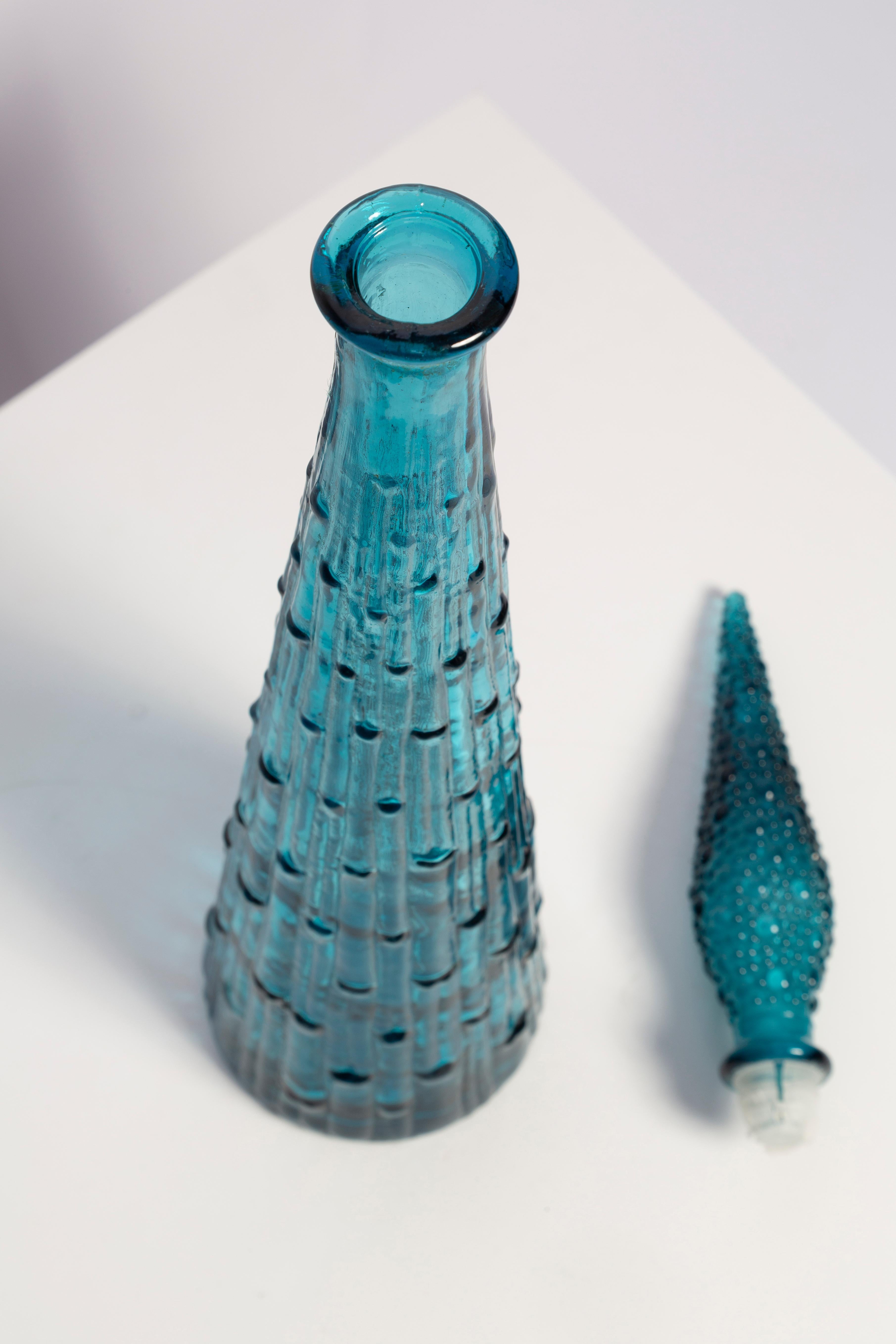 20th Century Mid-Century Blue Empoli Glass Genie Decanter Bottle with Stopper, Italy, 1960s For Sale
