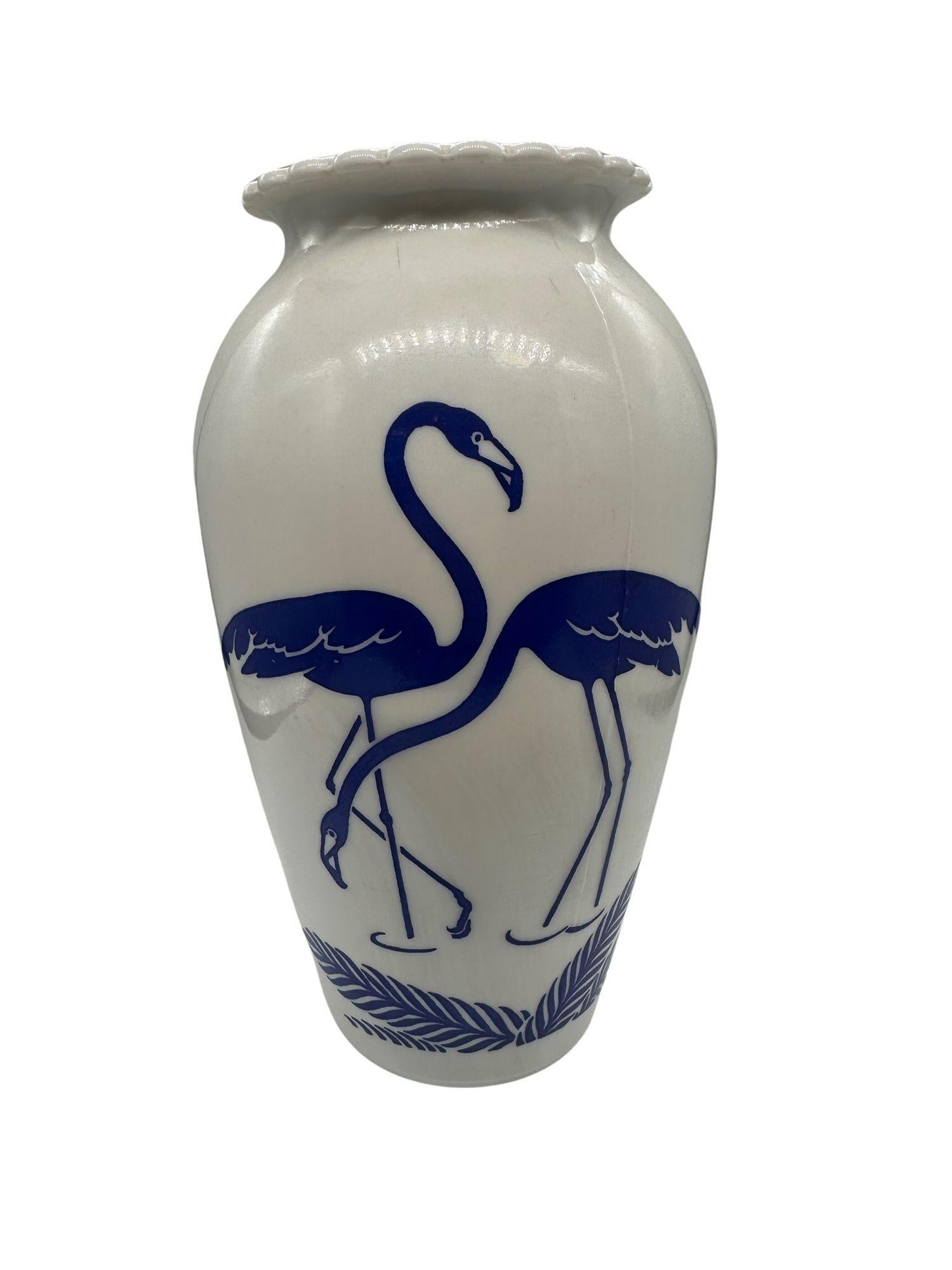 Mid Century Blue Flamingo Milk Glass Vase by Anchor Hocking Vitrock In Excellent Condition For Sale In Van Nuys, CA