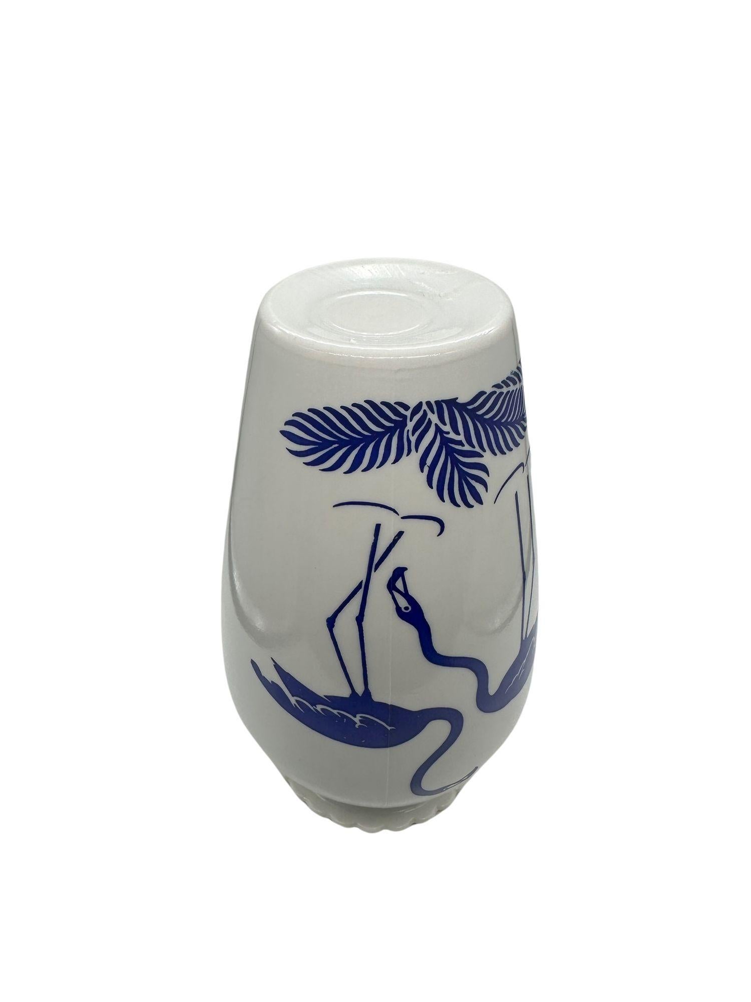 Ceramic Mid Century Blue Flamingo Milk Glass Vase by Anchor Hocking Vitrock For Sale