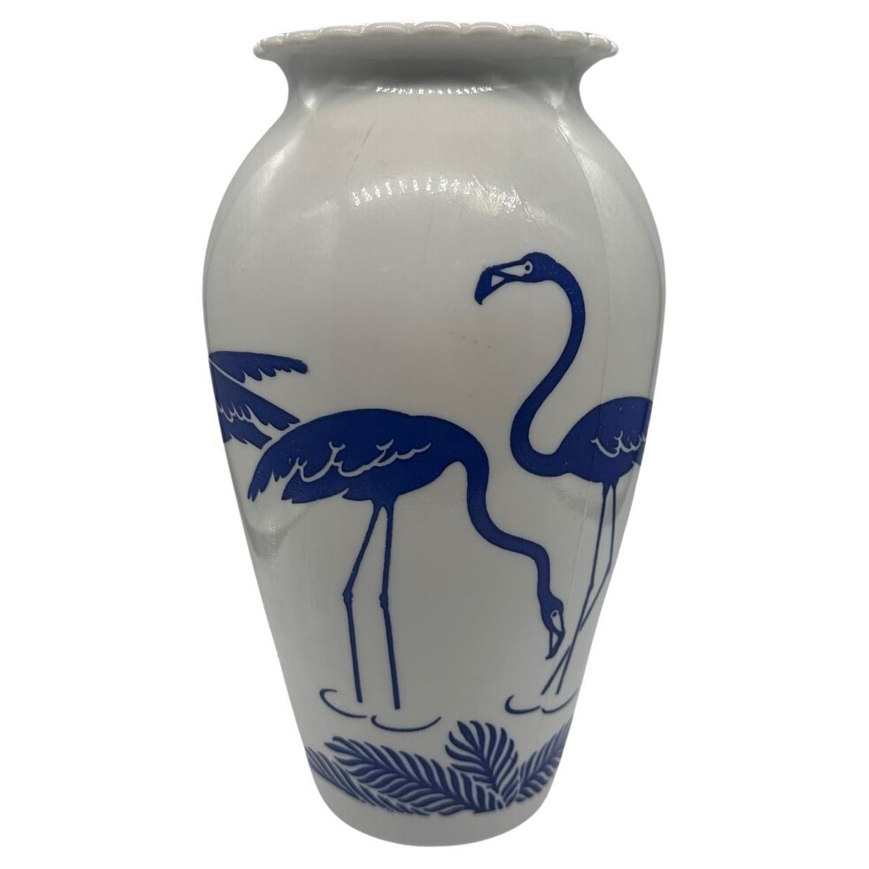 Mid Century Blue Flamingo Milk Glass Vase by Anchor Hocking Vitrock For Sale