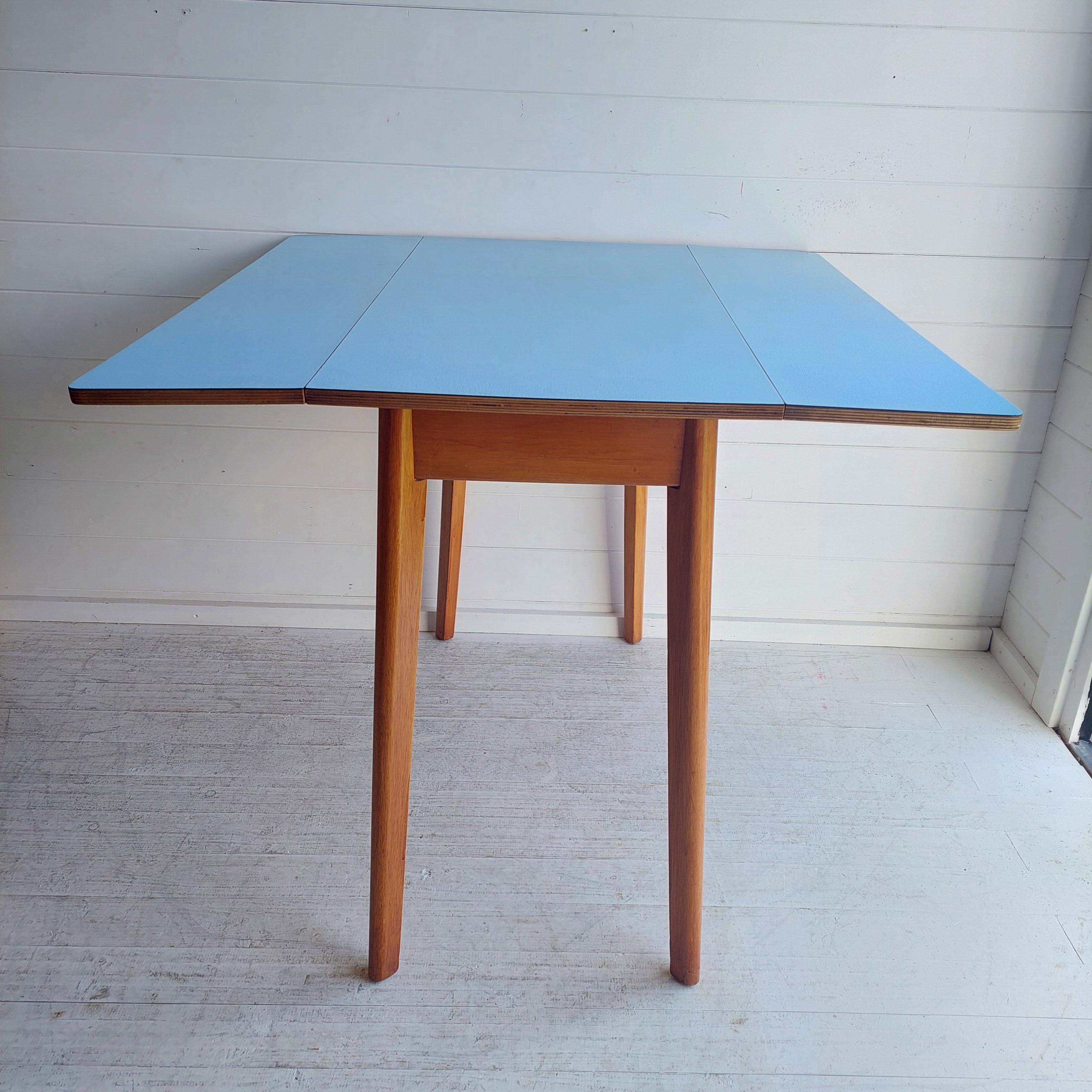 Mid Century Blue Formica Drop Leaf Kitchen Dining Table With Wooden Legs 60s For Sale 4