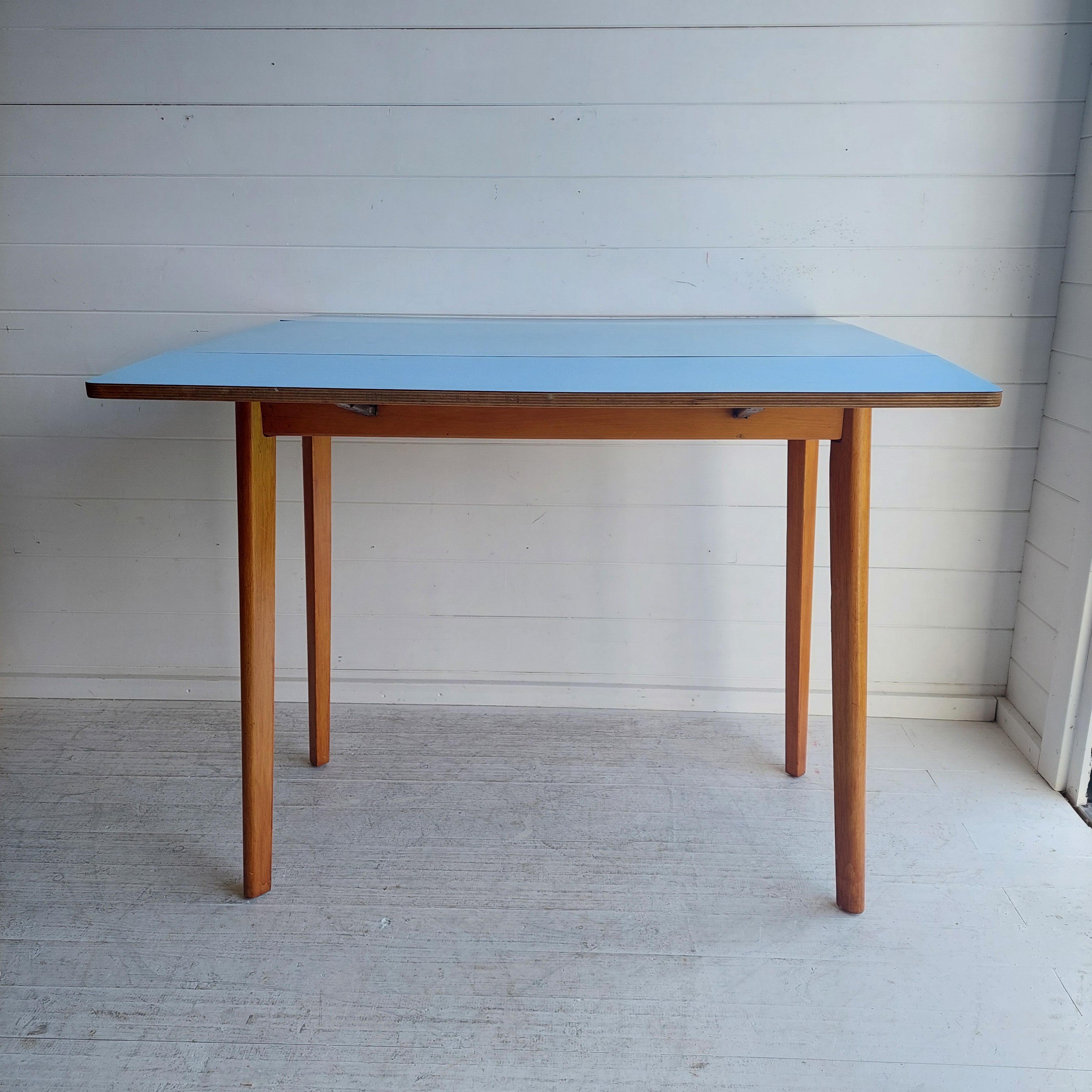 Mid Century Blue Formica Drop Leaf Kitchen Dining Table With Wooden Legs 60s For Sale 5