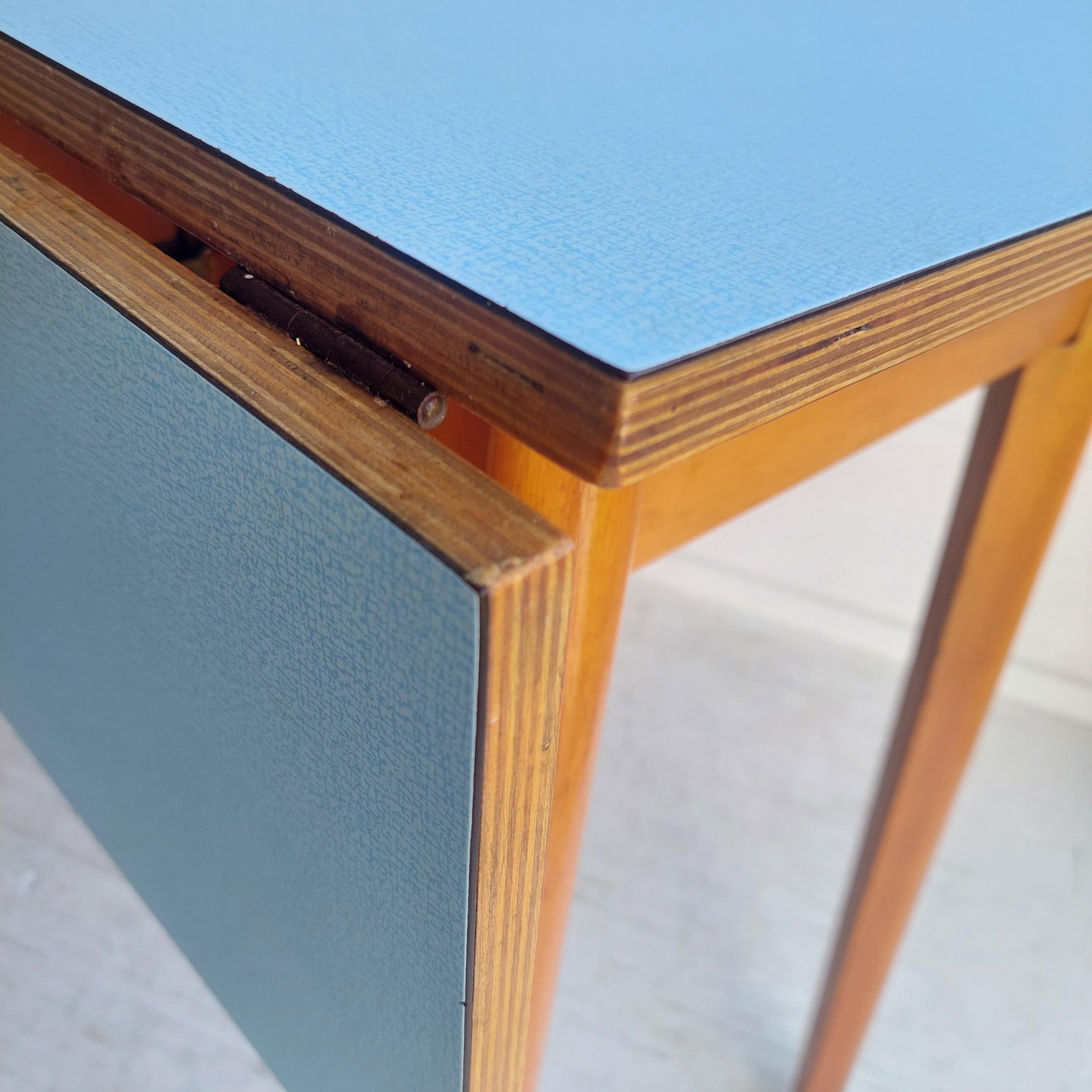 Mid Century Blue Formica Drop Leaf Kitchen Dining Table With Wooden Legs 60s 5