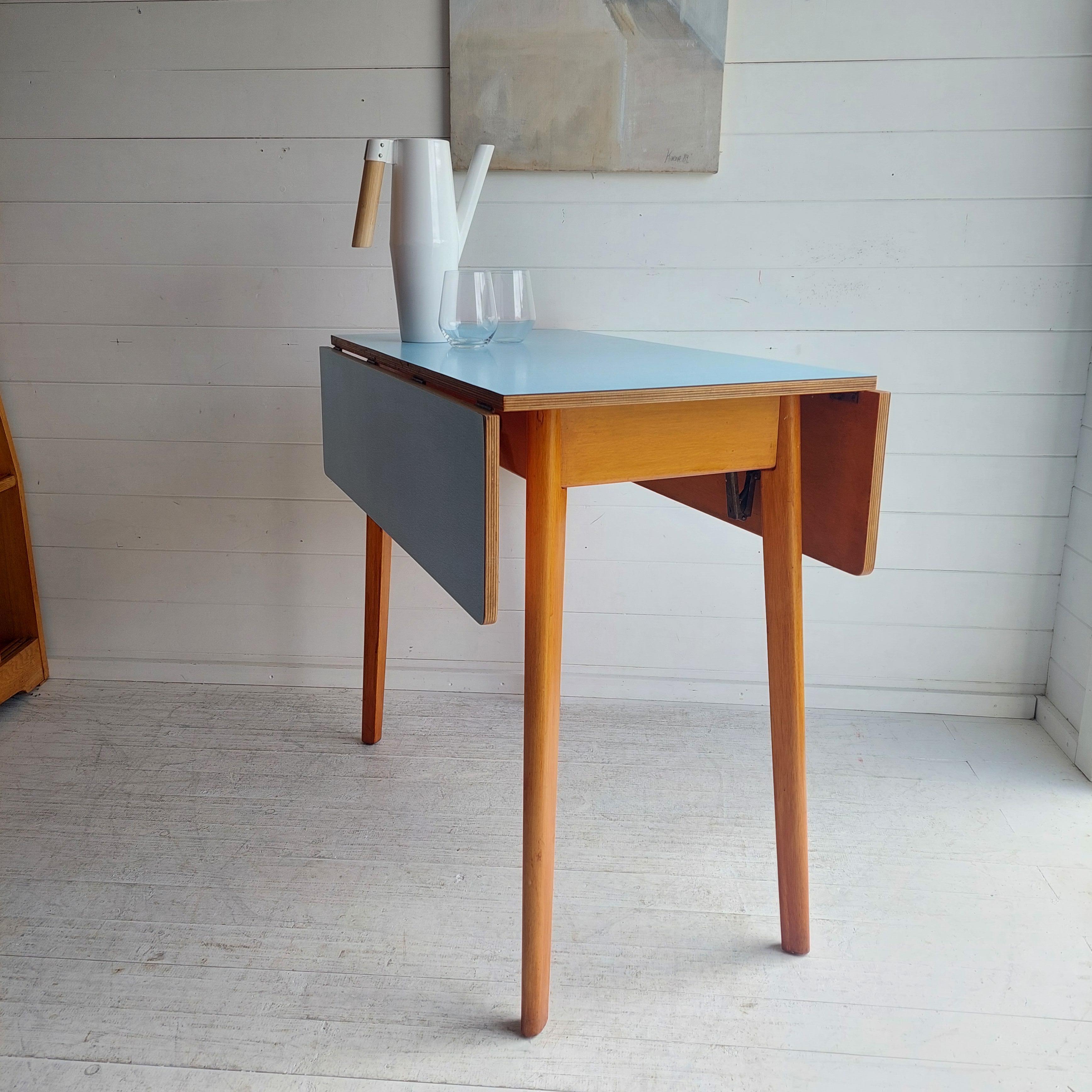 Mid-Century Modern Mid Century Blue Formica Drop Leaf Kitchen Dining Table With Wooden Legs 60s For Sale