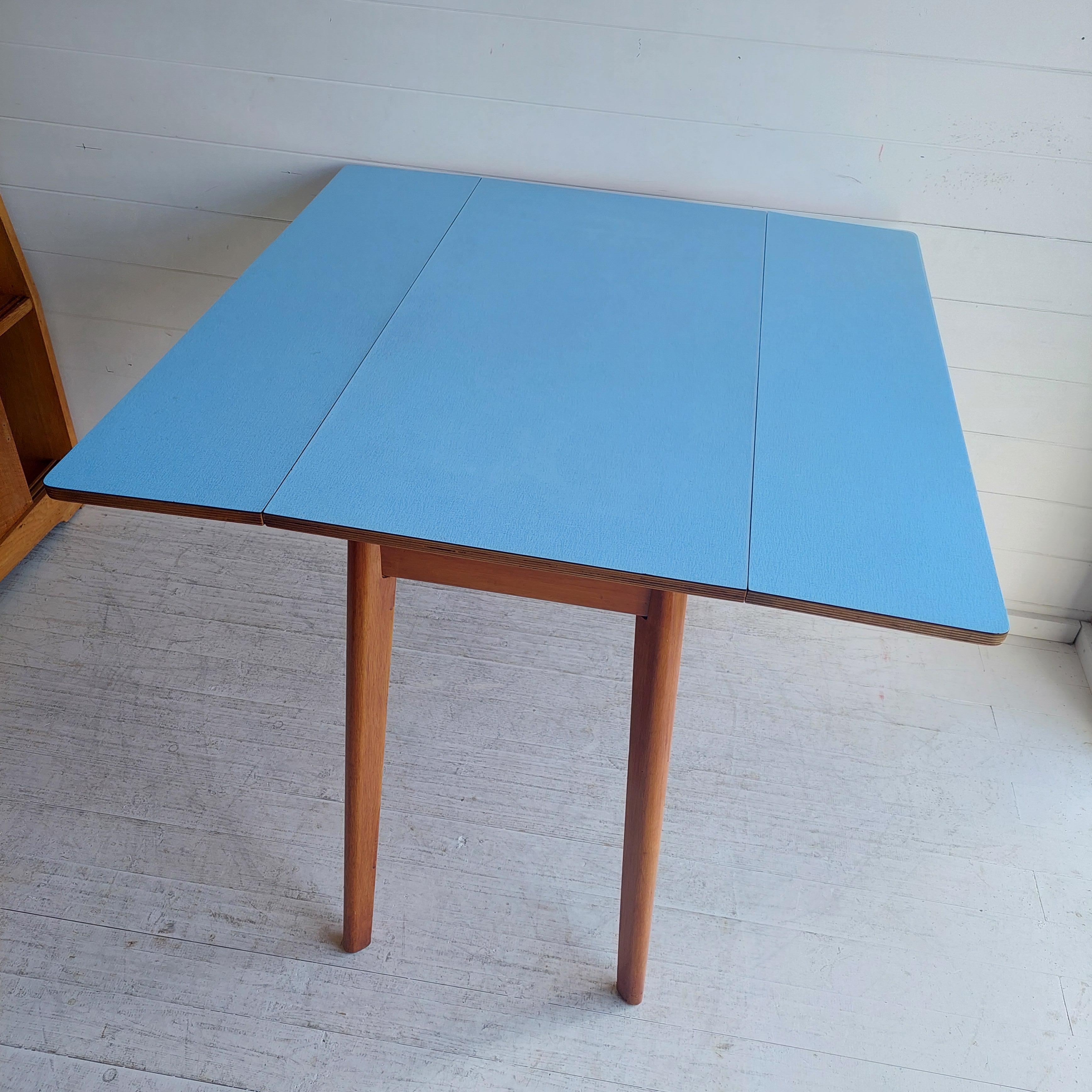 European Mid Century Blue Formica Drop Leaf Kitchen Dining Table With Wooden Legs 60s