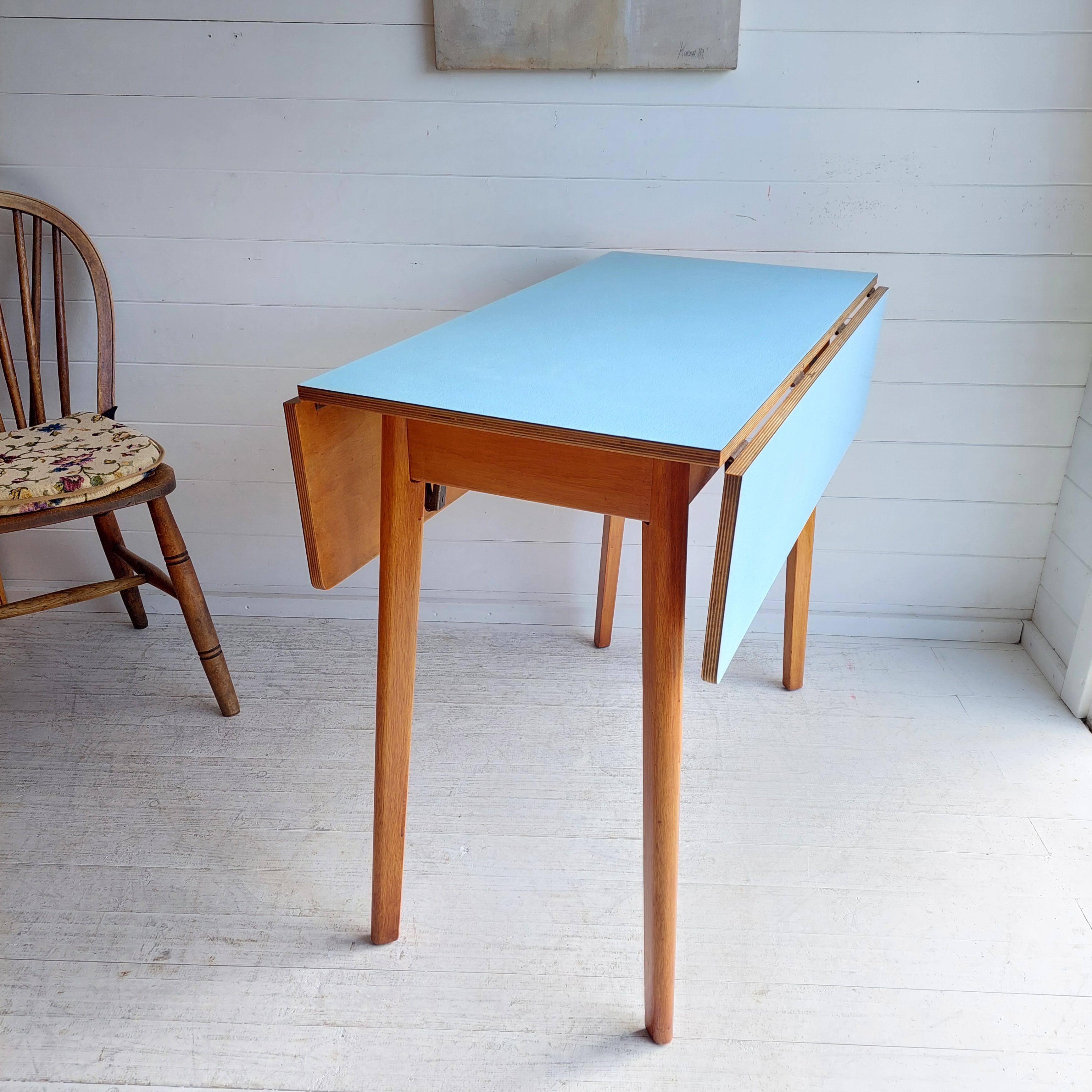 Mid Century Blue Formica Drop Leaf Kitchen Dining Table With Wooden Legs 60s 2